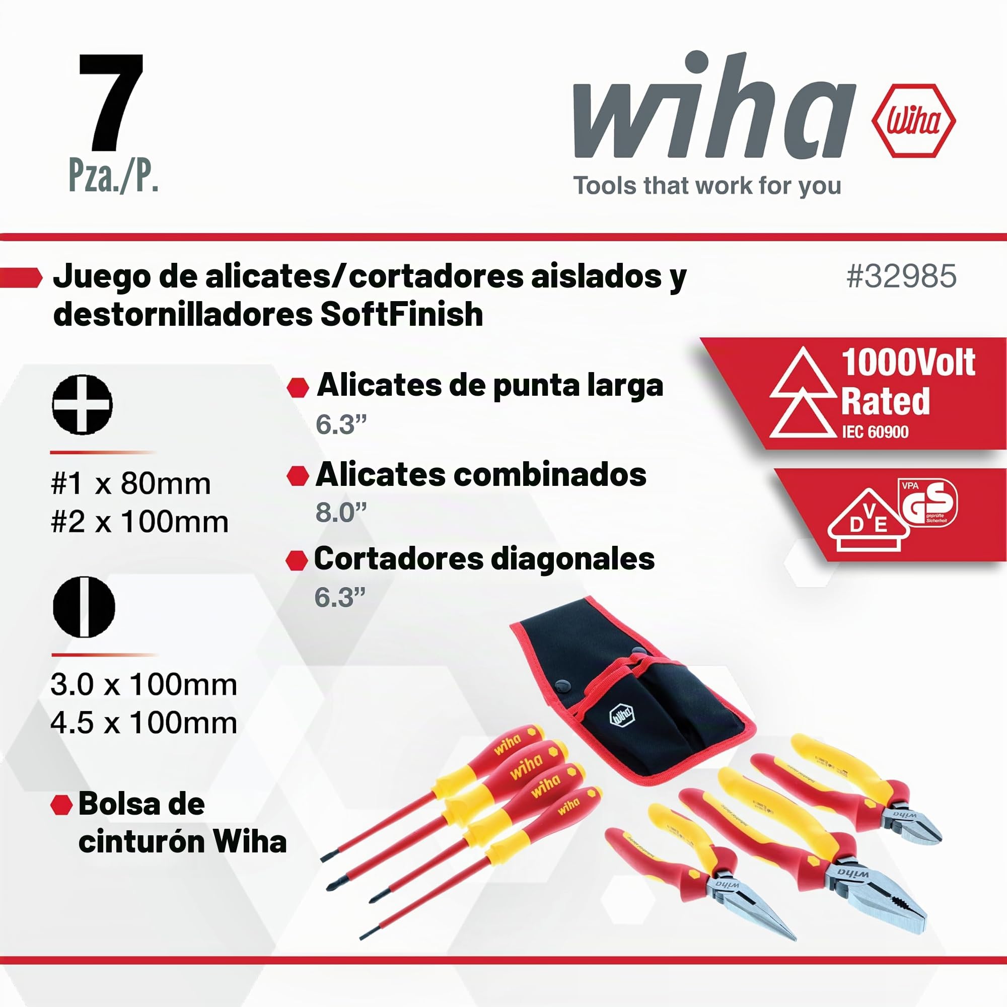 Wiha 32985 Juego de 7 alicates industriales aislados/cortadores/correa de conductor