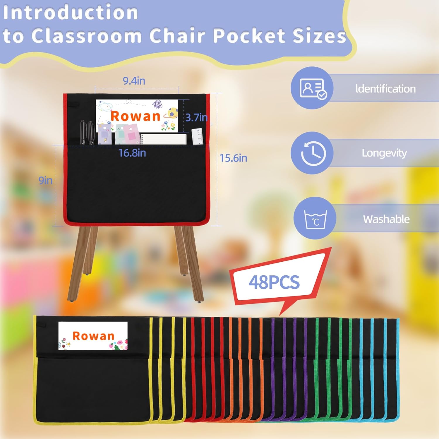 48 PCS Chair Pockets for Classroom, 15.6x16.8 Inch Seat Pockets for Classroom Chairs, Black Seat Sacks for Classroom Chairs with Name Tag, Back of Chair Organizer for Kids in Classroom