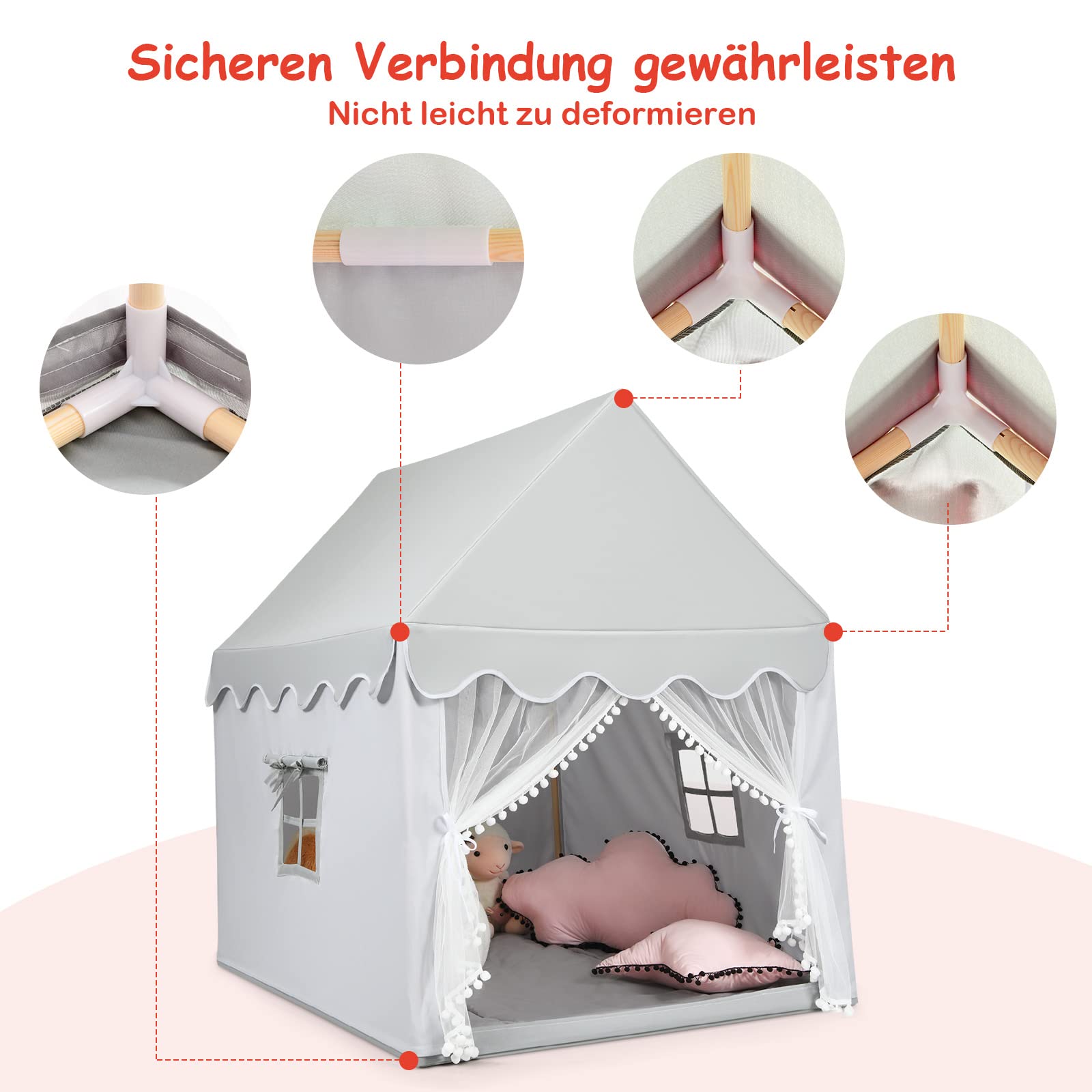DREAMADE Kinderspielzelt Spielzelt für Kinder mit gepolsterter Decke & Fenstern & Holzrahmen, Kinderspielhaus, Tipi Zelt, Kinderzelt für drinnen, für Jungen & Mädchen (Grau)