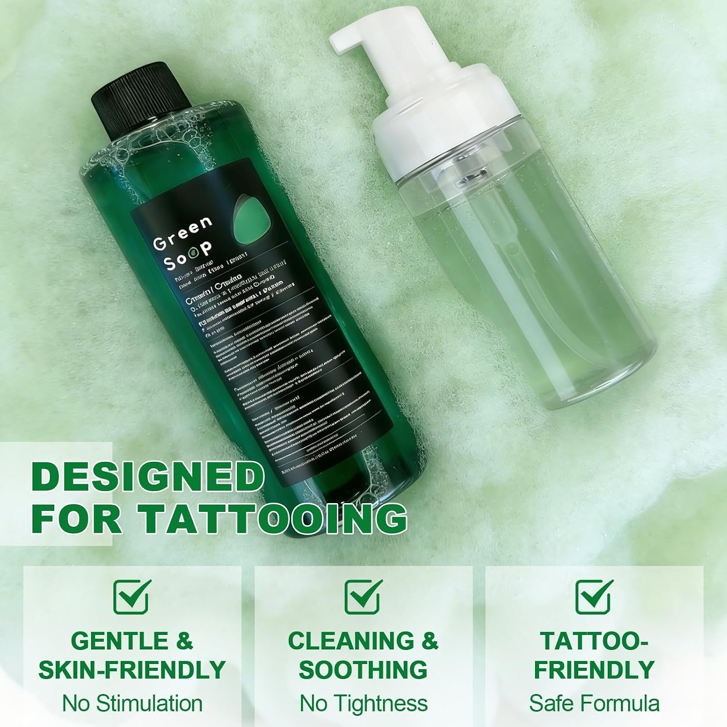 Green Soap Tattoo 16.9OZ (500ML) Ultra Concentrated with Foaming Bottle 7OZ (200ML) Kit Professional Vegan Formula Skin Cleanser Tattoo Soap for Tattoos and Piercings
