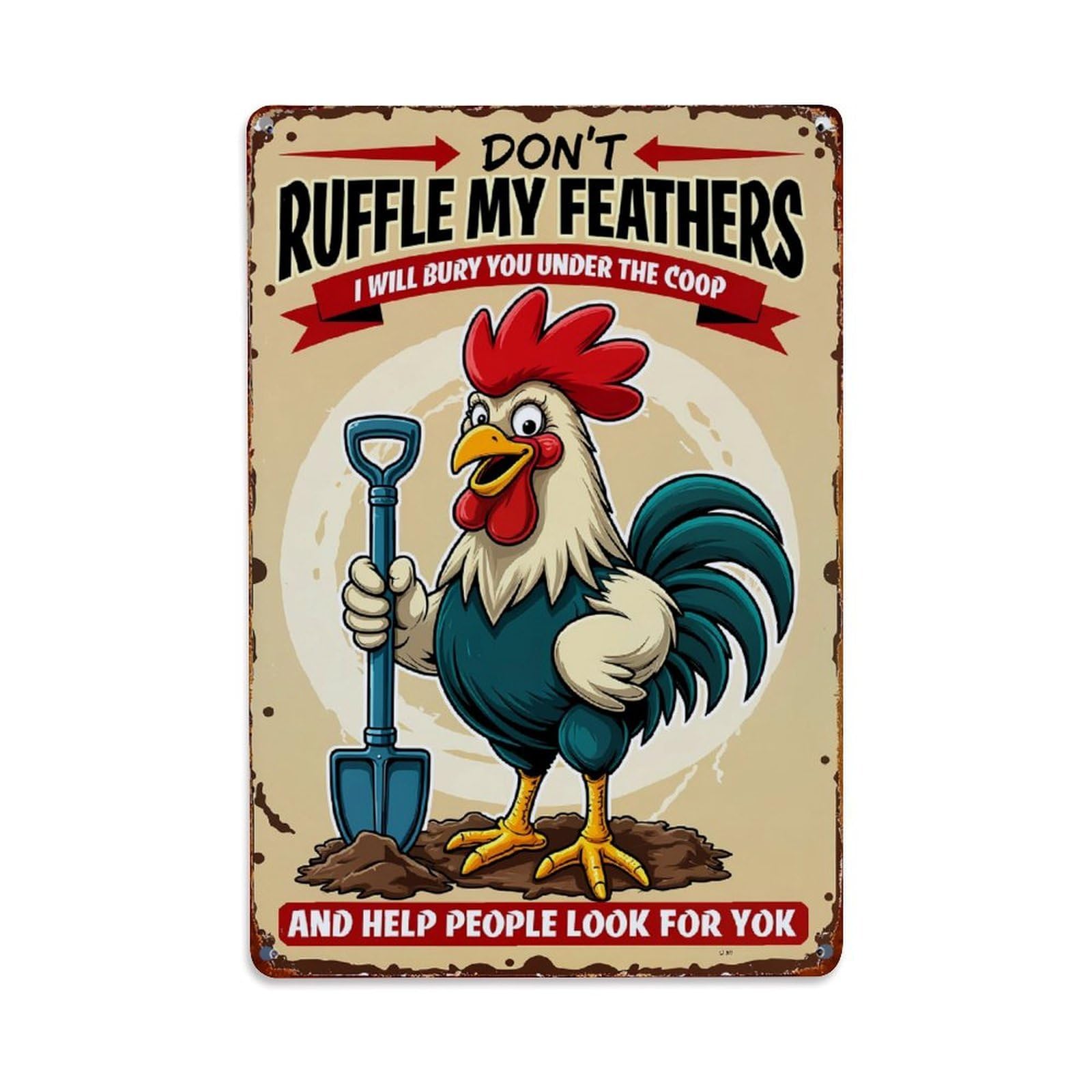 Rooster Holding Shovel With Warning Text Retro Metal Tin Sign, Vintage Decor Art Poster for Bar, Home, Man Cave, Kitchen, Laundry Room Gift 8x12Inch