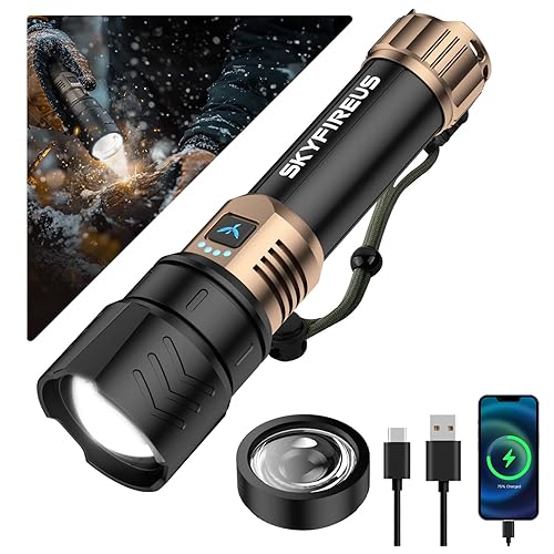 SKYFIRE LED Flashlights High Lumens with Ignition Lens,2000lm Super Bright Rechargeable Flashlight, Zoomable,Four Modes,Waterproof Tactical Flash Light for Camping Essentials,Outdoor and Home,Gift