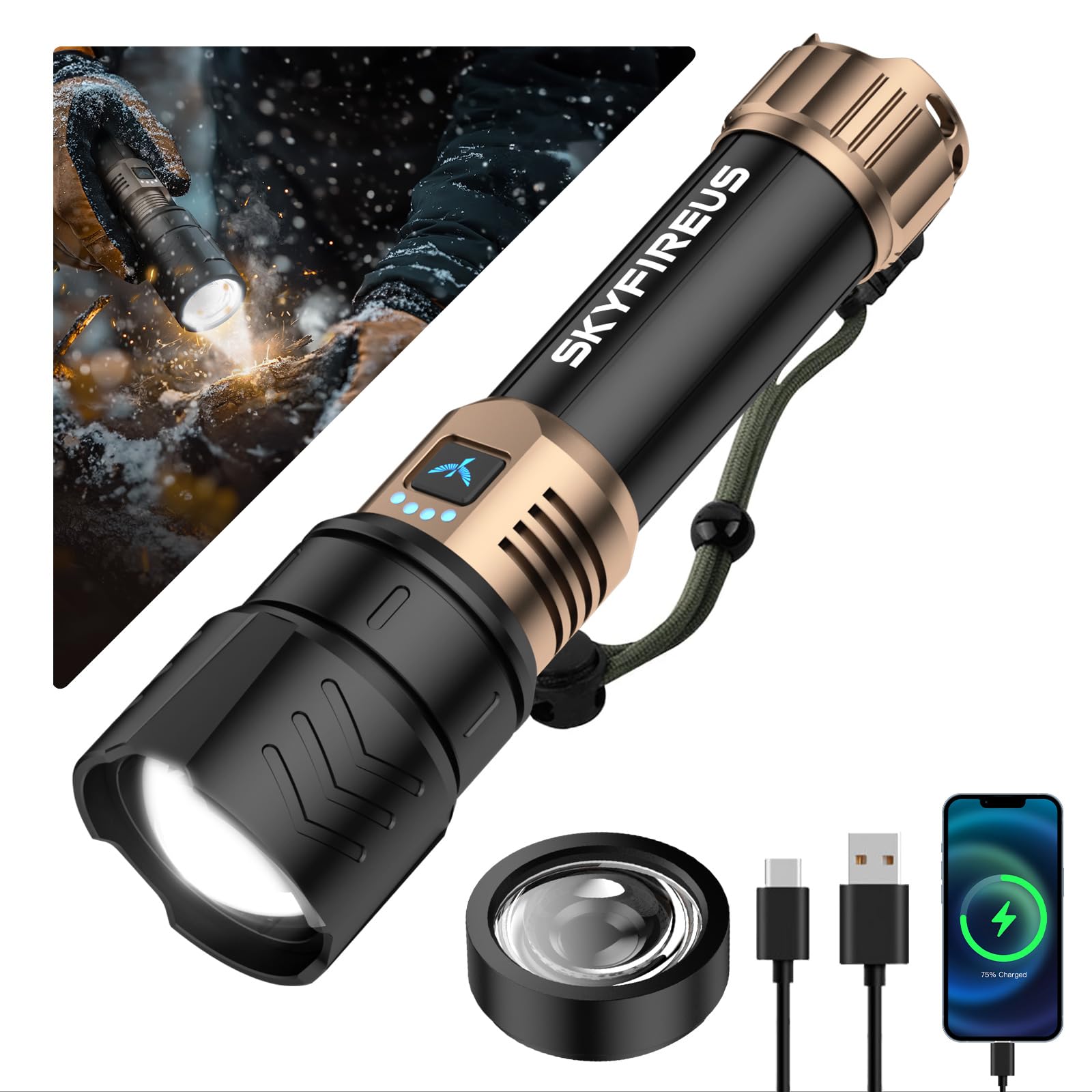 SKYFIRE LED Flashlights High Lumens with Ignition Lens,2000lm Super Bright Rechargeable Flashlight,Zoomable,Four Modes,Waterproof Tactical Flash Light for Camping Essentials,Outdoor,Home&GiftsSKYFIRE LED Flashlights High Lumens with Ignitio…