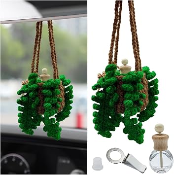Crochet Hanging Plant Car Pendant - 12ml Empty Refillable Glass Bottle and Cute Potted Plant Car Rear View Mirror Charm - Handmade Knitted Ornament Fern