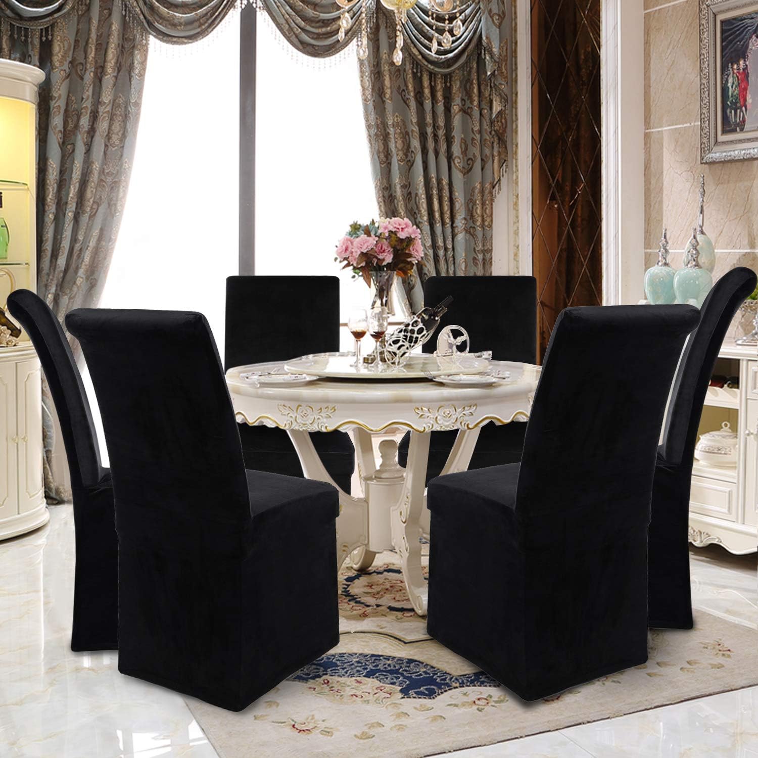 New Product Colorxy Velvet Stretch Chair Covers for Dining Room, Soft Removable Long Solid Dining Chair Slipcovers Set of 4, Black