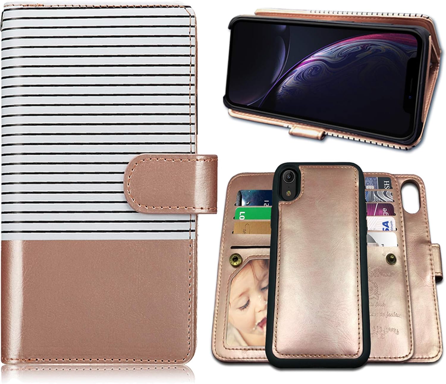 iPhone XR Cases, Magnetic Detachable Lanyard Wallet Case with 9 Card Slots, Kickstand, Hnad Strap for iPhone XR 2018, CASEOWL 2 in 1 Folio Flip Premium Leather Removable TPU Case(White&Rose Gold)