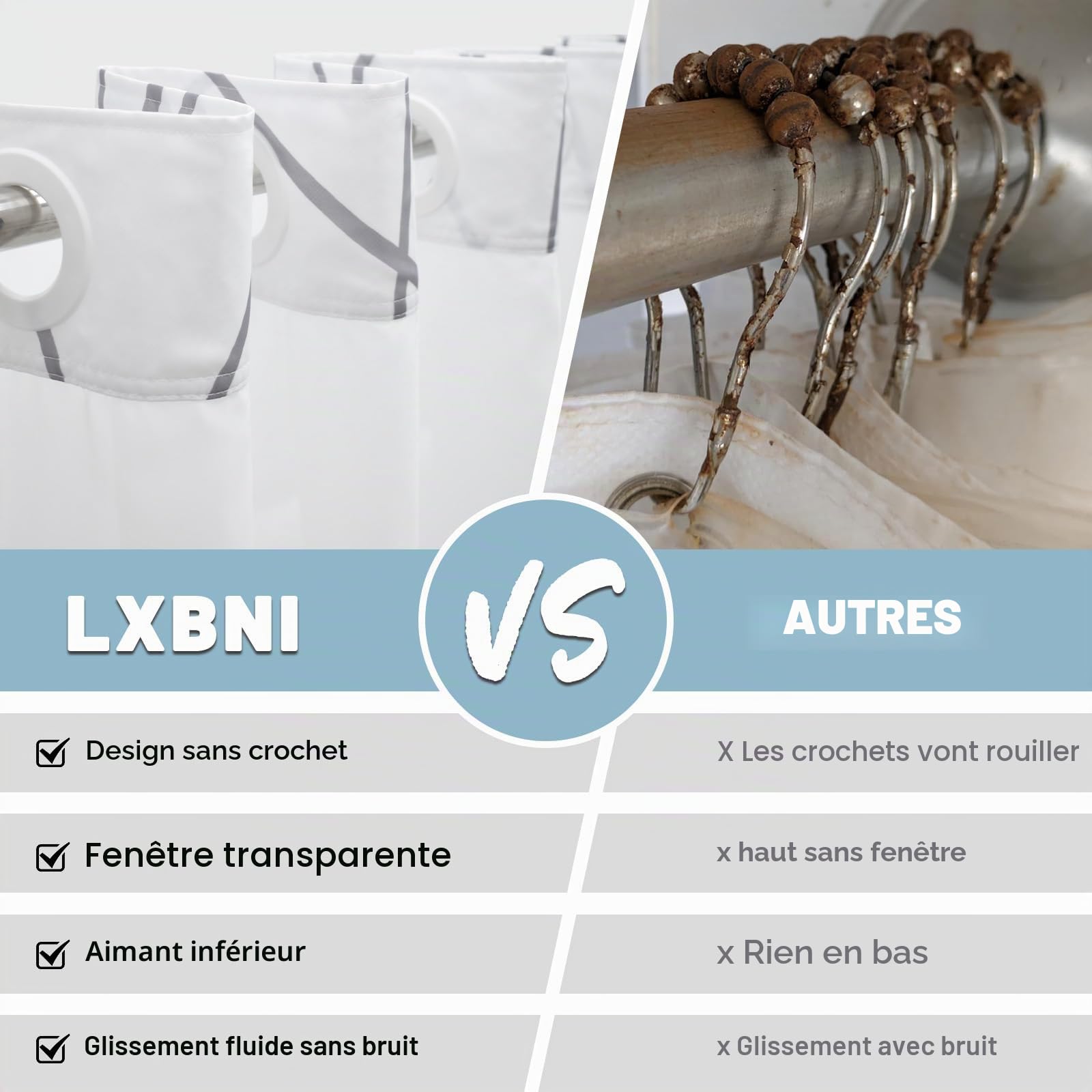 LXBNI Rideau de Douche à Rayures Grises et Blanches sans Crochet avec Doublure en Tissu – Ensemble de Rideau de Douche d'hôtel et Doublure avec fenêtre supérieure en Maille Transparente, Lavable en