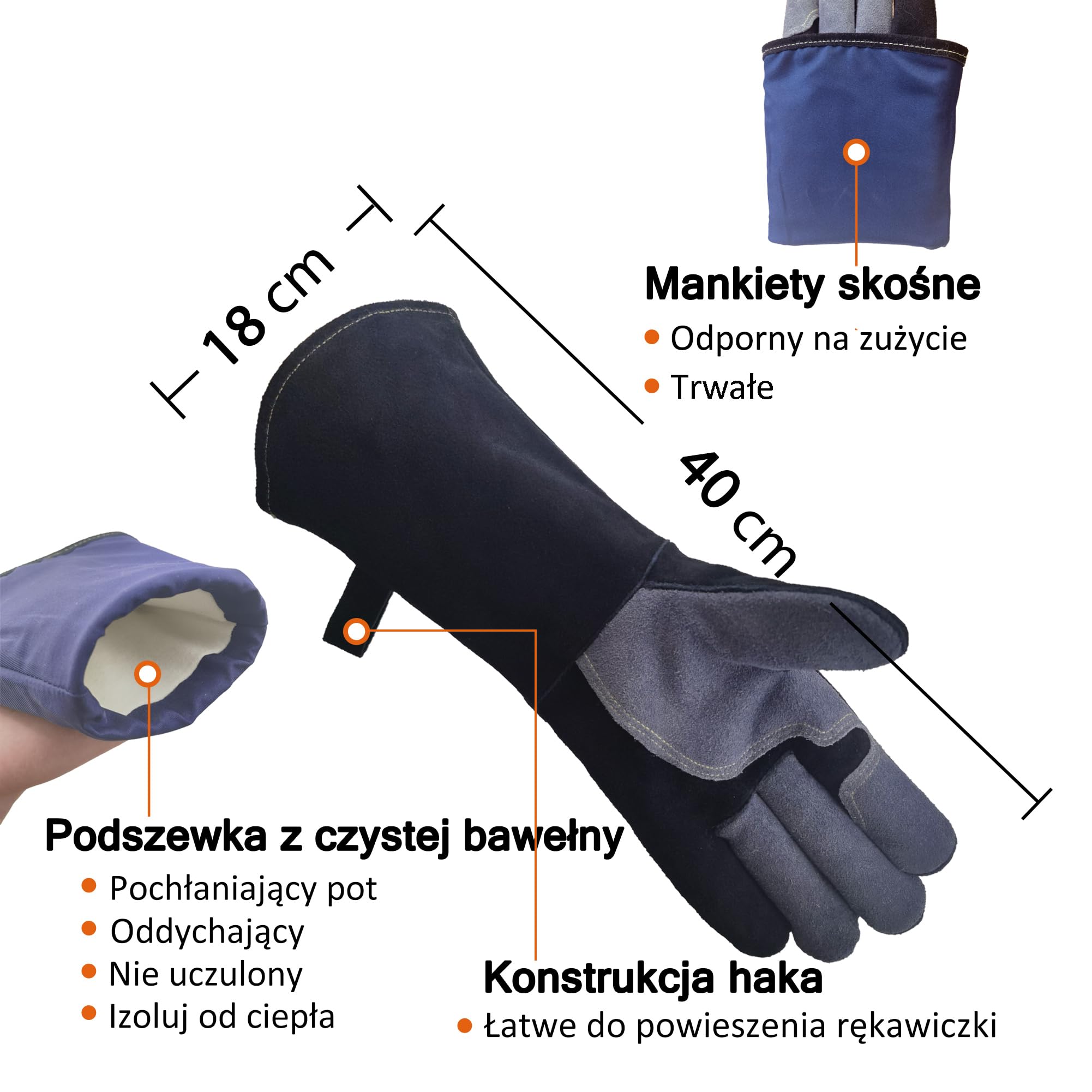 WZQH 40 CM/16 Cala, Skórzane Rękawice Do Grillowania, Ognioodporne I Żaroodporne, Do Ognia, Spawania, Kominka, Piekarnika, Gotowania, Patelni, Uchwytu Na Garnek.