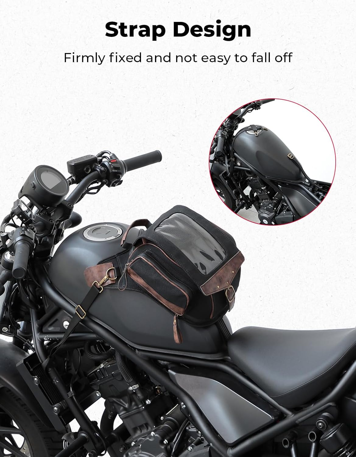 KEMIMOTO Motorcycle Tank Bag, Retro Expandable Storage Thigh Bag Leg Bag with Leg Strap, Waterproof Touch Screen Protector for Mobile Phones, Oil Waxed Canvas Material, Black 8.5L