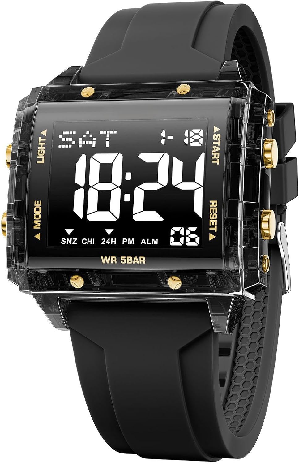 KXAITO Digital Sports Watch, Square Case 44mm, LED Night Light Display, 5ATM Waterproof, Silica Gel Band, Alarm Chronograph Stopwatch, Gift