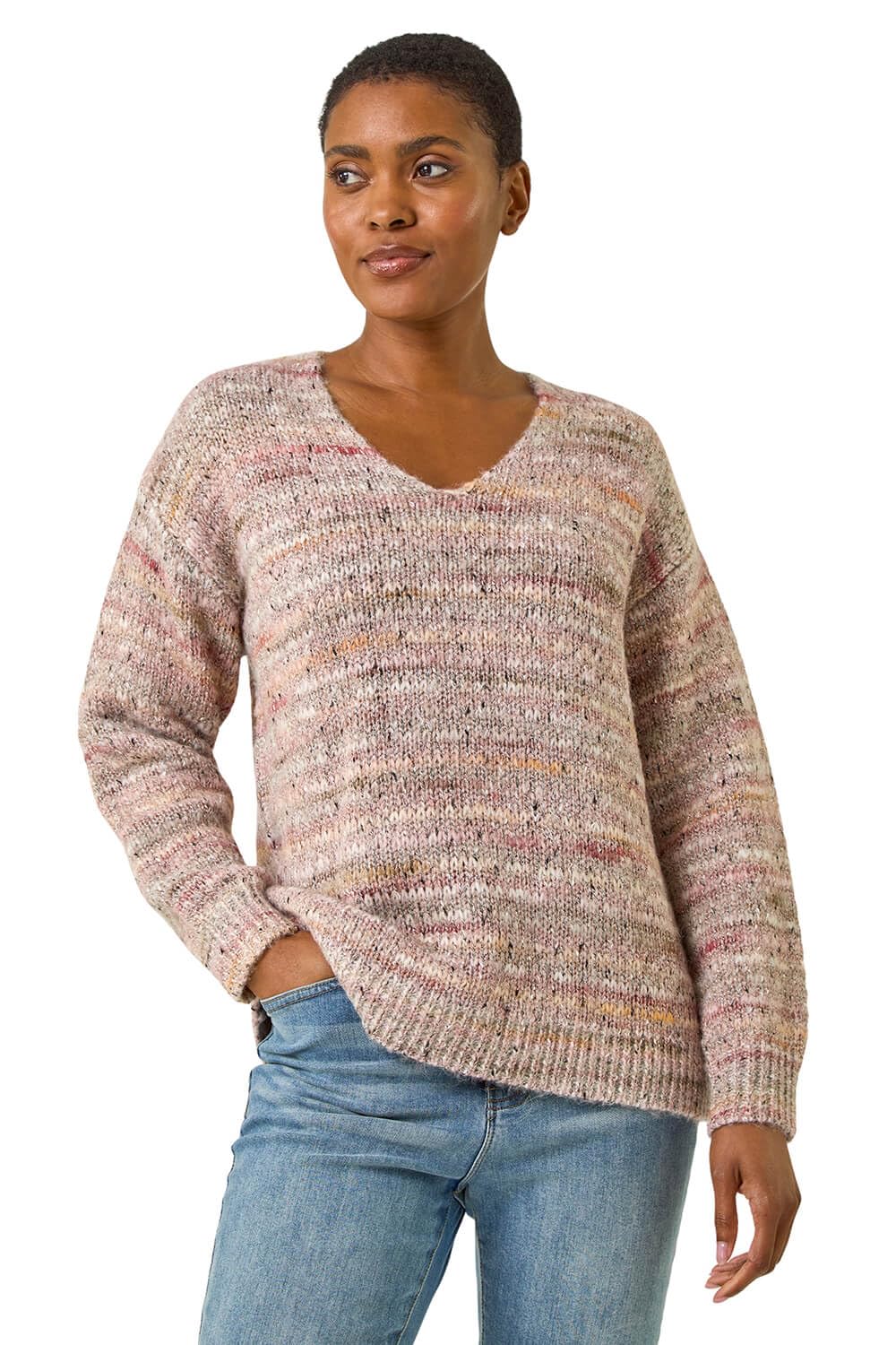 Roman Women's Shimmer V-Neck Knitted Jumper in Light Pink | Size: 20