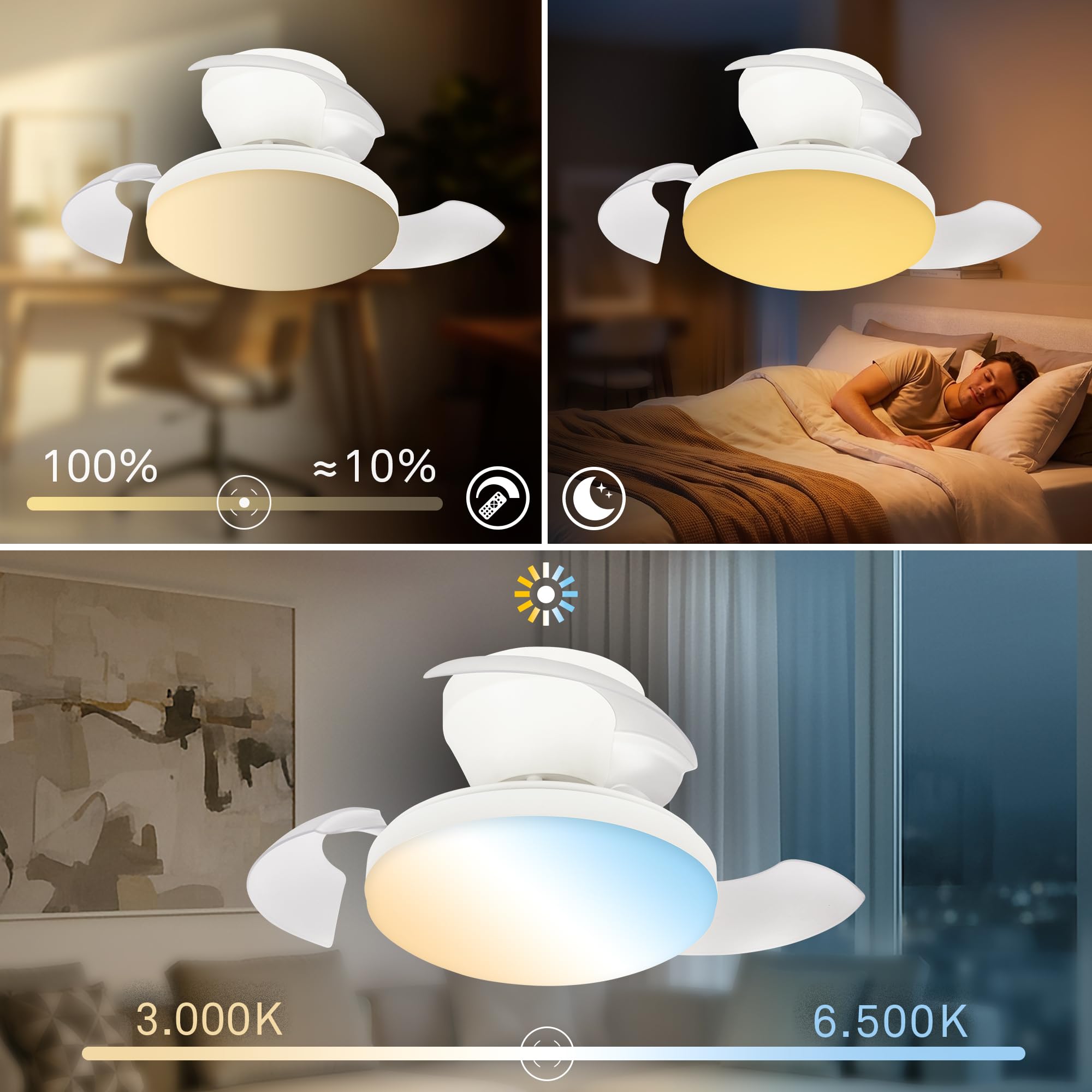BRILONER - LED Deckenventilator mit Beleuchtung, Fernbedienung, Leiser DC-Motor, 3 Geschwindigkeiten, Flügel ausfahrbar, CCT, Dimmbar, Lampe mit Ventilator, Ventilator Deckenleuchte, 44x16,5 cm, Weiß
