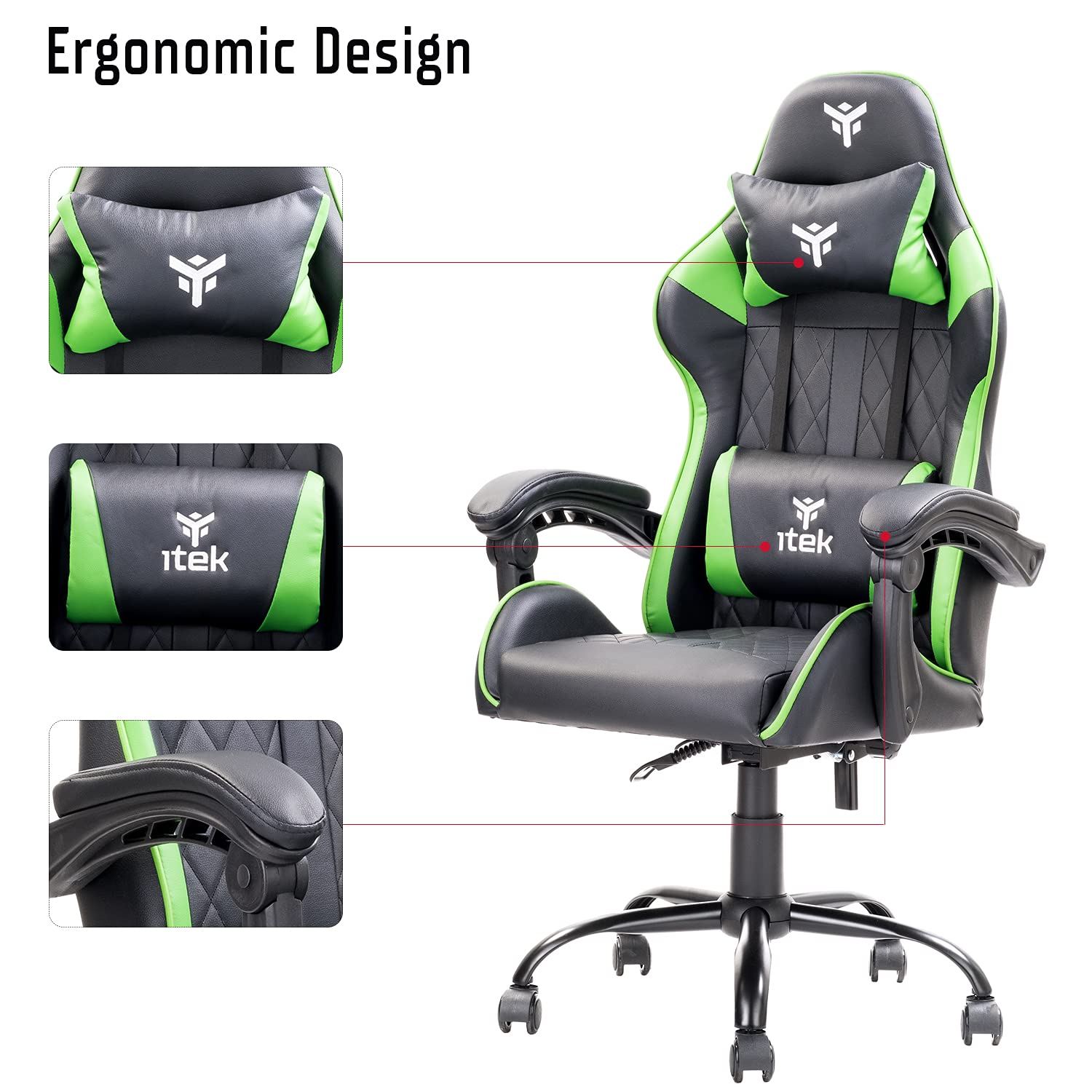 ITEK RHOMBUS PF10 Sedia Gaming ergon. Verde, schienale reclinabile, cuscino poggiatesta, sup. lombare, confort e design, ideale come sedia ufficio, sedia per studio o poltrona per gamer