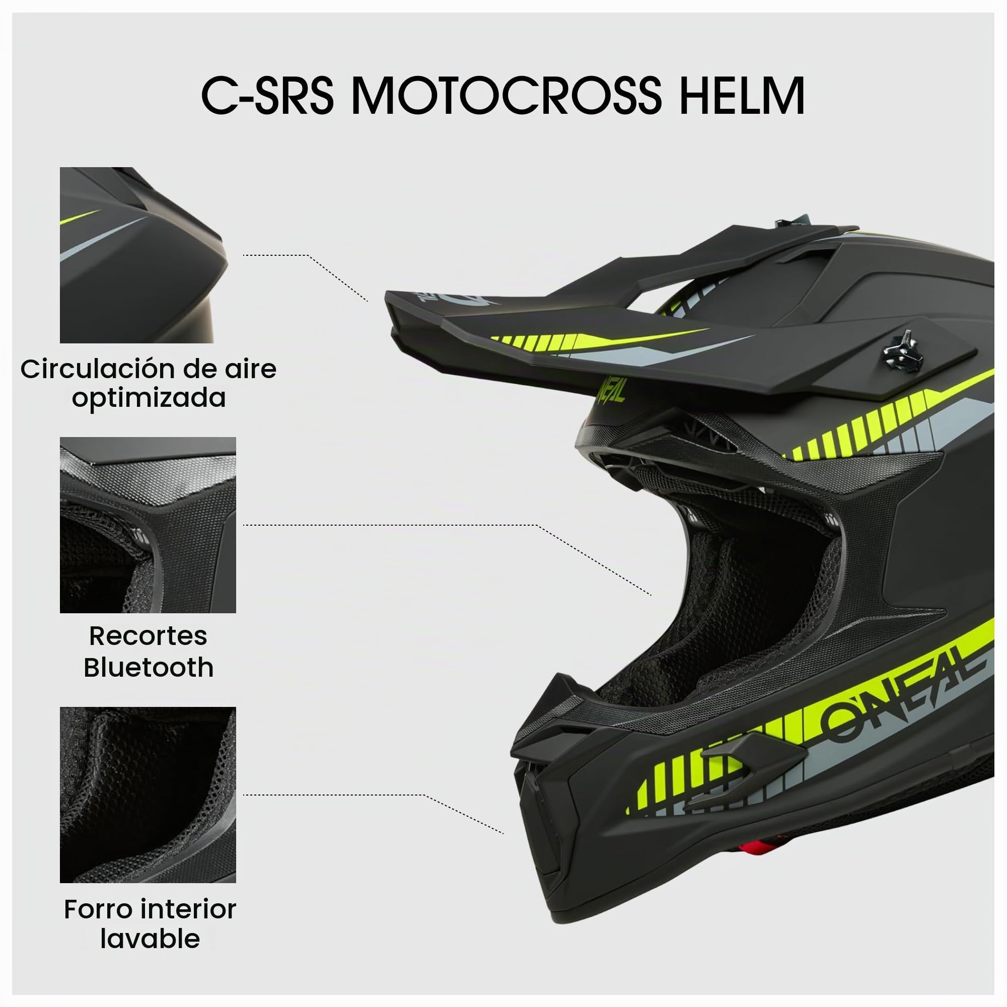 O'NEAL C-SRS Casco de Motocross, Moto MX Enduro, Carcasa de ABS Fuerte, Forro Interior Acolchado y Lavable, ventilación óptima, Cierre de Seguridad Microlock para Adultos (Amarillo neón M)