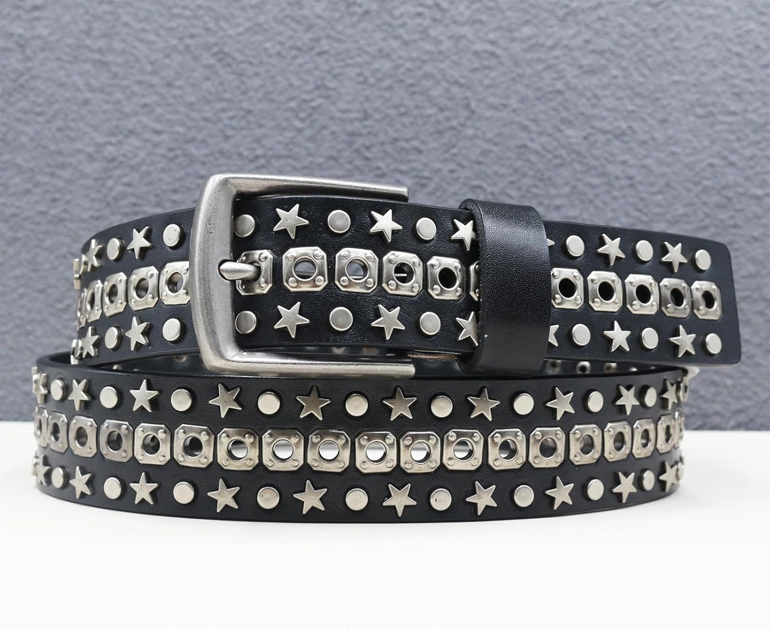Studded Grommet Belt Metal Punk Rock Round Pentagram Hollow Rivet Leather Strap Gothic Accessories for Jean Pants