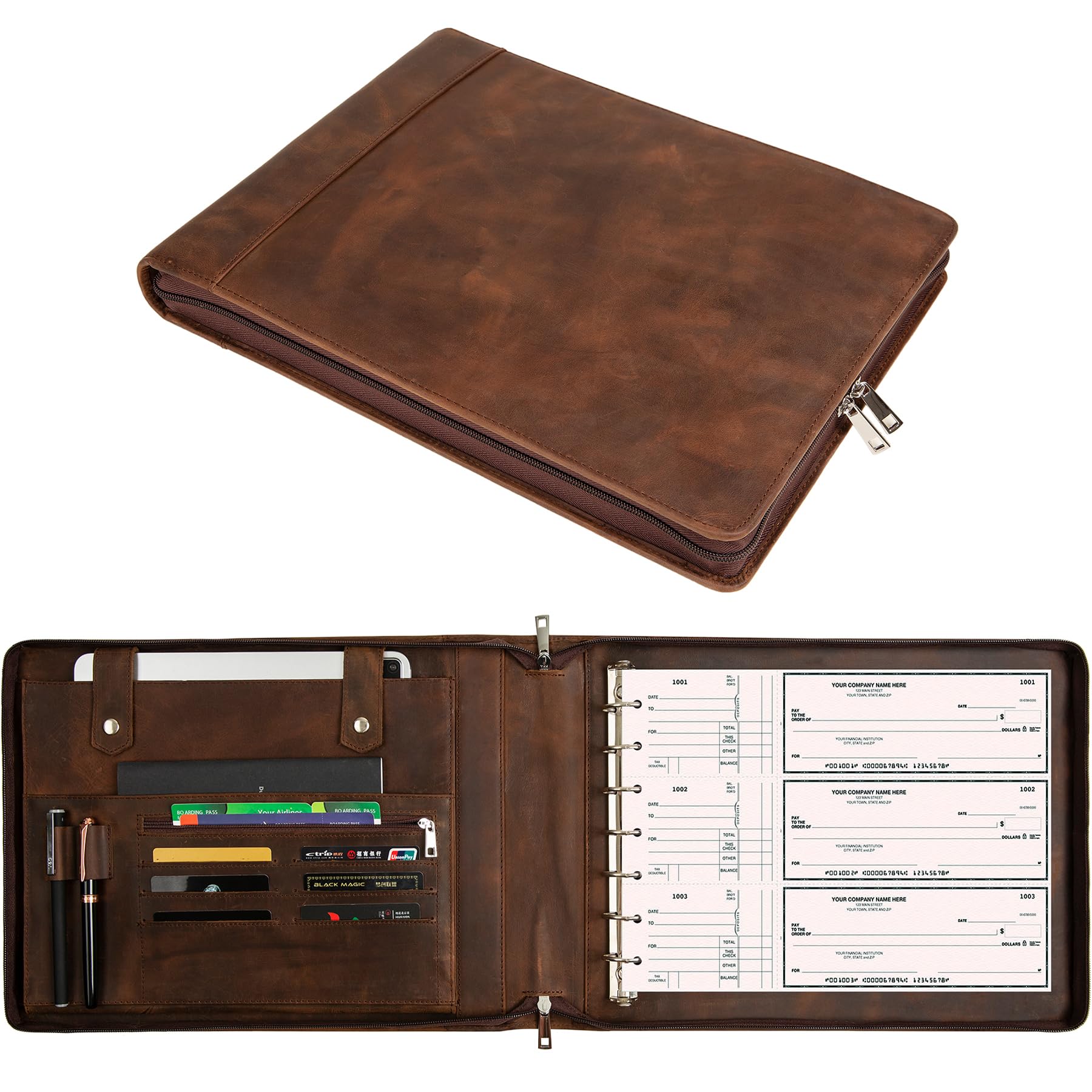 GZRHKJ Genuine Leather Business Binder, 7 Ring Check Binder for Business, Personalized Engraved, 600 Checks Capacity for 9 13 Inch Sheet (Dark Khaki)