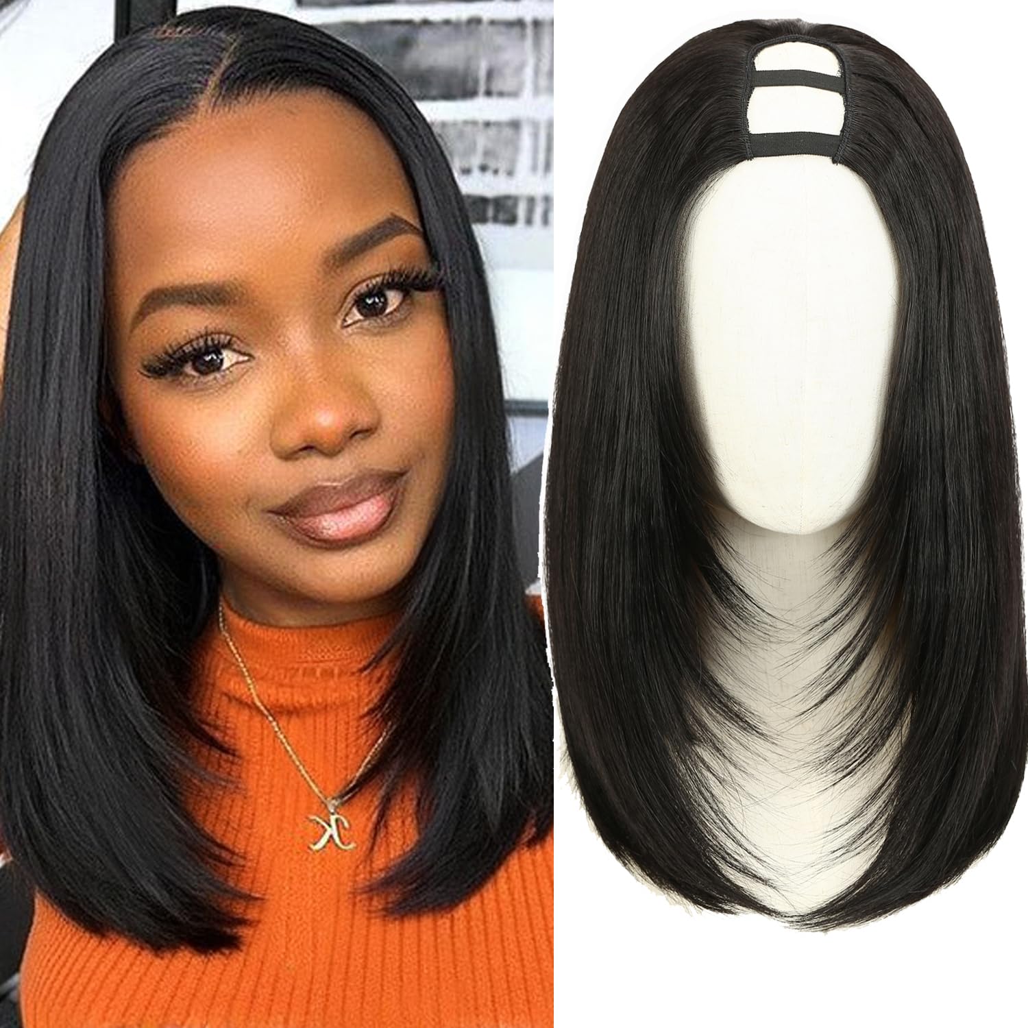 WIGNEE Perruque Bob Courte Noire U-Part Lisse Bob Dégradé 14 Pouces (Noir) | Perruque U Part, Demi-Perruque Synthétique à Clips, Yaki Perruque, Glueless, Aspect Naturel Pour Un Usage Quotidien