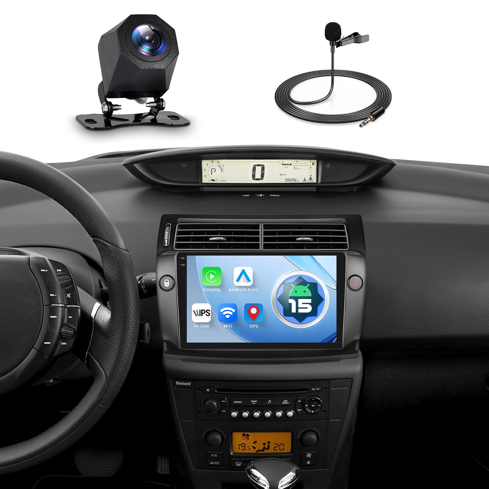 Autoradio 4+64G pour Citroën C4 (2004-2010), Android 15 stéréo de Voiture avec écran Tactile in-Cell 9 Pouces 720 * 1280P, Compatible CarPlay et Android Auto, FM, Bluetooth, WiFi