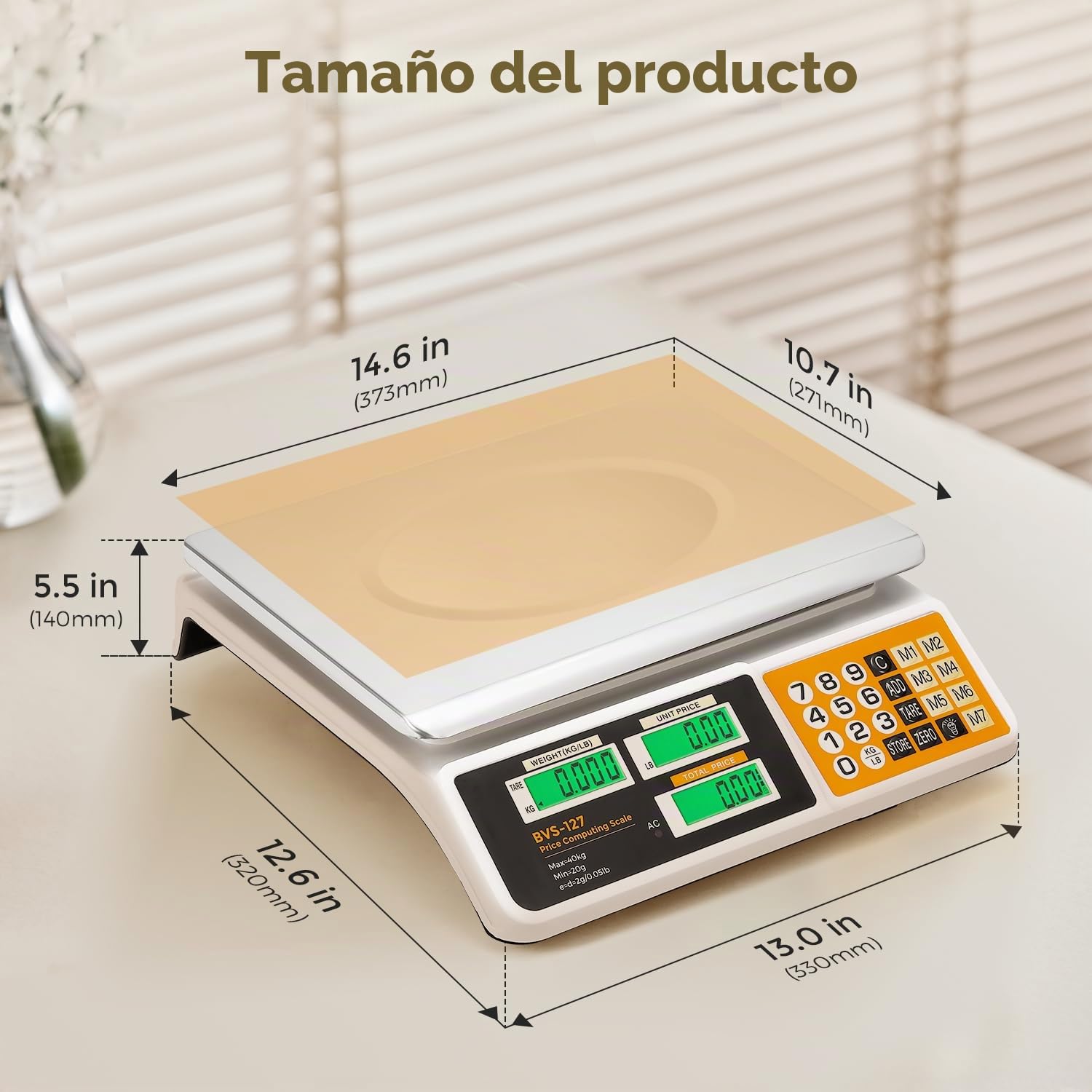 Bonvoisin Báscula de Cocina Comercial 40kg/2g, Báscula Digital con Contaje y 7 Memorias PLU, Doble Pantalla LCD, Tara, Recargable, Plataforma Acero Inoxidable, Uso Profesional en Panadería y Comercio