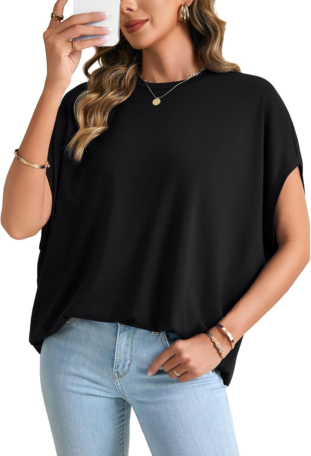 Vrtige Women's Batwing Sleeves Crewneck Curved Hem Loose Fit Casual Tee Blouse Top - Image 2