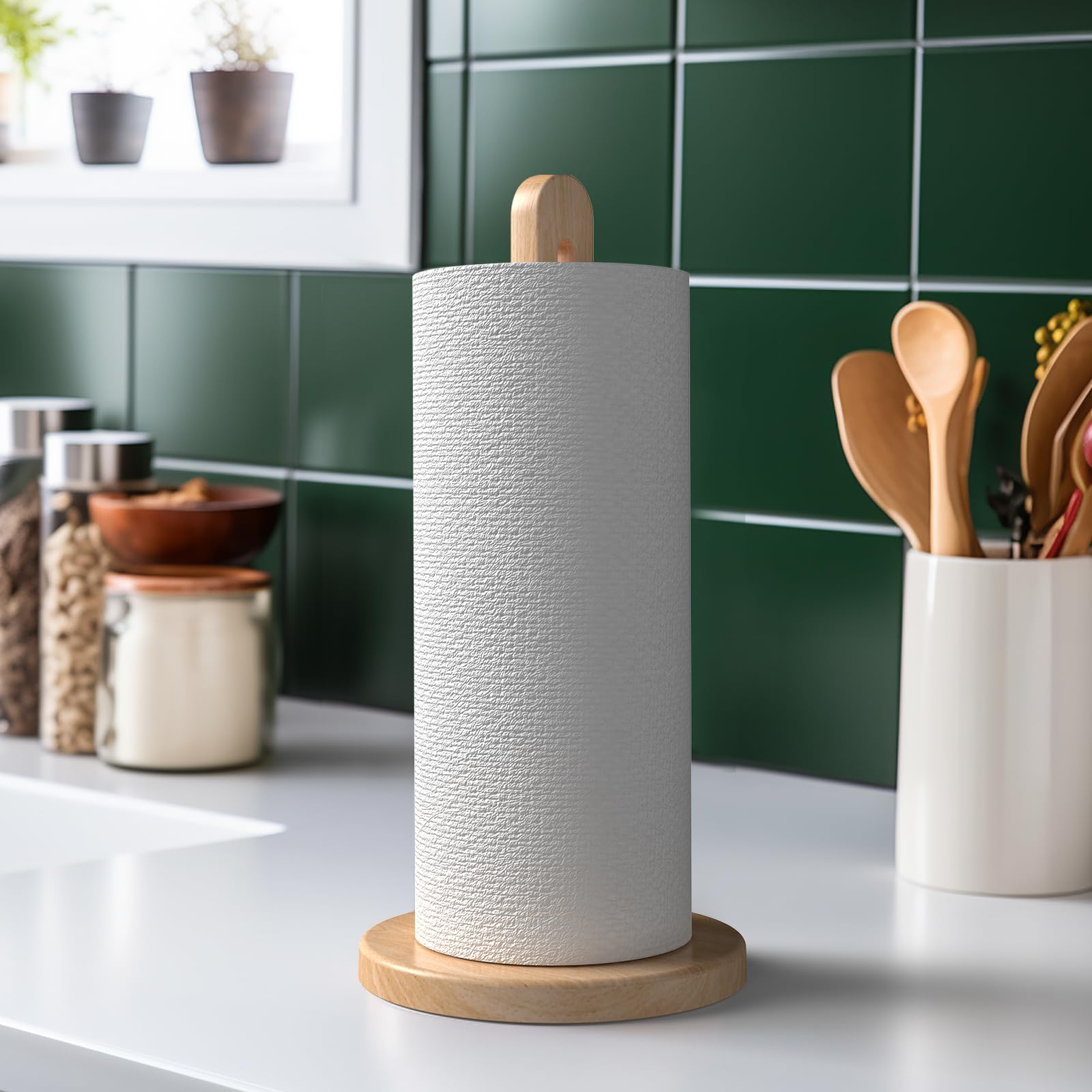 Soporte para toallas de papel de madera, se adapta a rollos gigantes, soporte dispensador de toallas de papel de madera de haya maciza con base antideslizante, 1 paquete 8