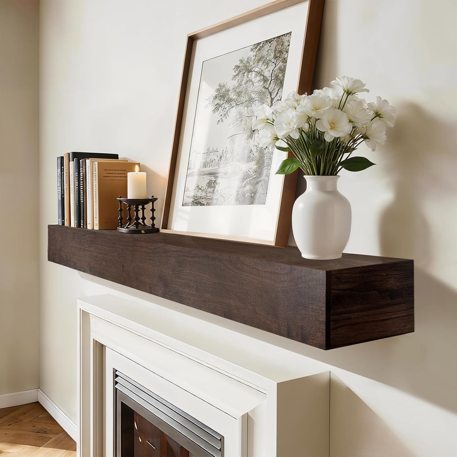 Fireplace Mantel, 60" Cherry Wood Floating Mantel for Over Fireplace, Hanging Floating Shelves, Dark Brown