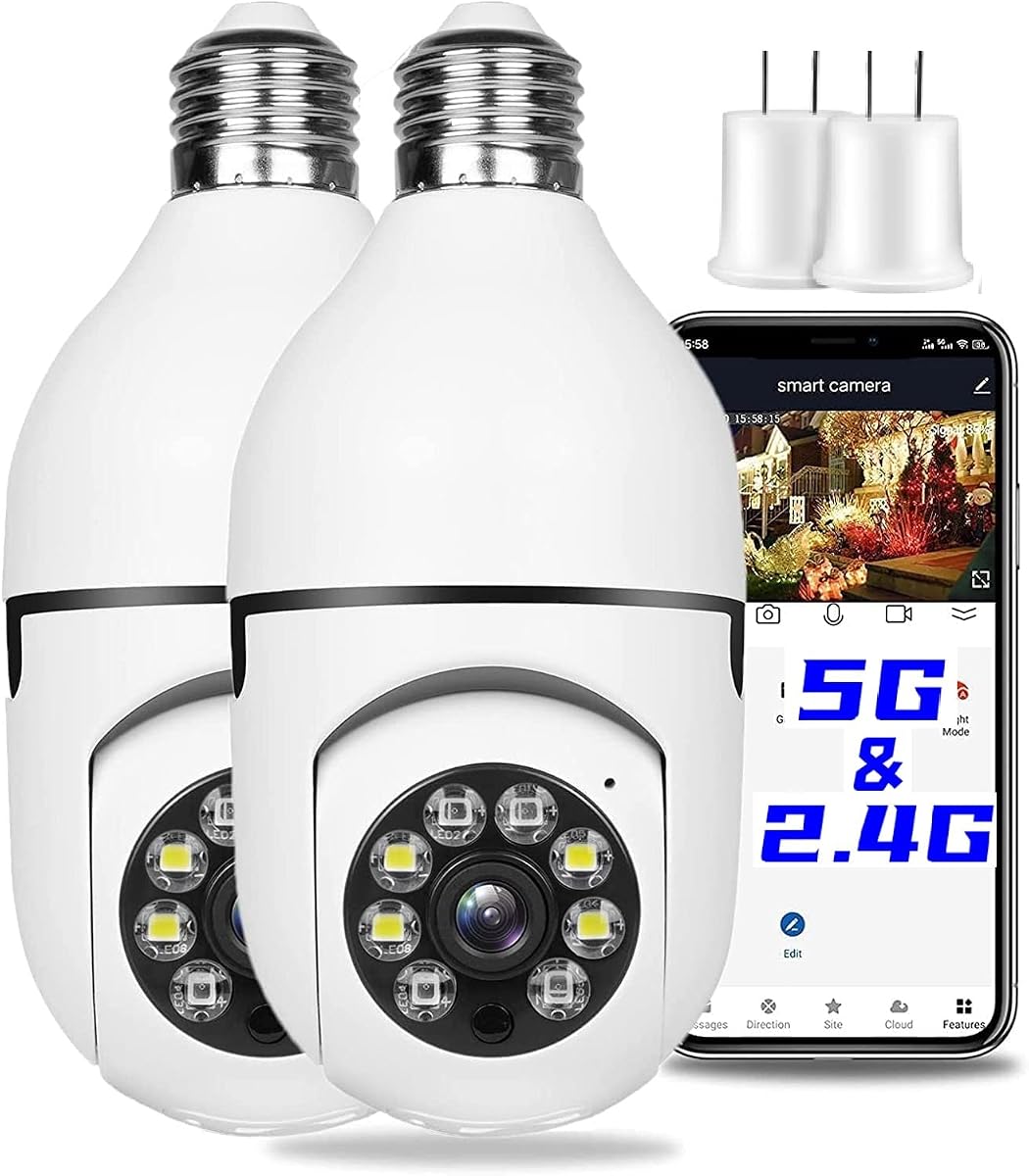 Cámara de seguridad con bombilla de 2 piezas de 2,4 GHz y 5G WiFi para exteriores, cámara de seguridad con casquillo de luz 1080P E27, cámaras de seguridad para el hogar de 360° para interiores, día y noche a todo color, detección de movimiento inteligente (2 piezas, compatible con 5G)