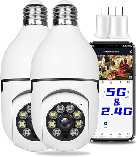 2 cámaras de seguridad de bombilla de 2.4 GHz y 5G WiFi para exteriores, cámara de seguridad de enchufe de luz E27 de 1080P, cámaras de seguridad