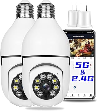 2Pcs Light Bulb Security Camera 2.4GHz & 5G WiFi Outdoor, 1080P E27 Light Socket Security Camera, Indoor 360 Home Security Cameras, Full Color Day and Night, Smart Motion Detection 2PCS, Support 5G