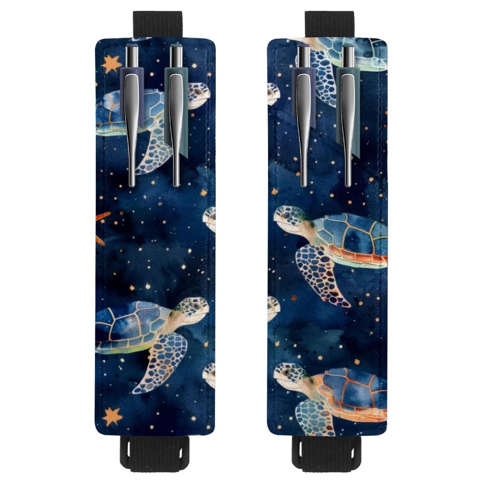VAPOKF 2 Pieces Adjustable Elastic Band Pen Holder for Notebook, PU Leather Pencil Holder, Pen Sleeve Pouch for Hardcover Journals, Books, Planners, Binders, Tablets - Sea Turtles Starfishes