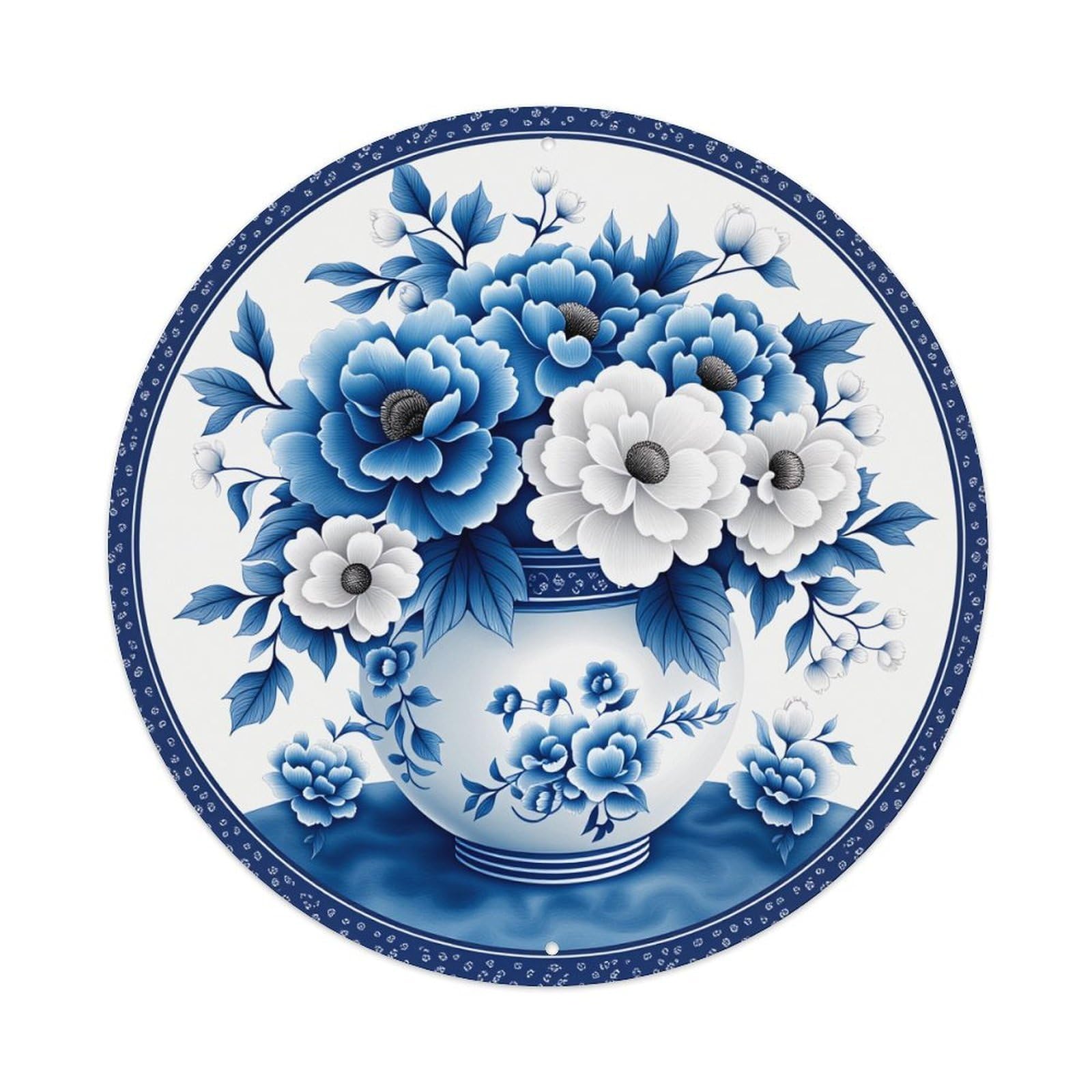 Blue And White Floral Vase Pattern With Peonies Metal Tin Sign Plaque