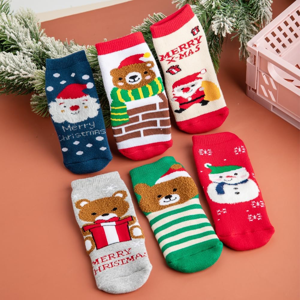 Christmas Socks for Kids Toddlers - Xmas Holiday Crew Socks for Boys and Girls - Winter Warm Socks 6 Pairs