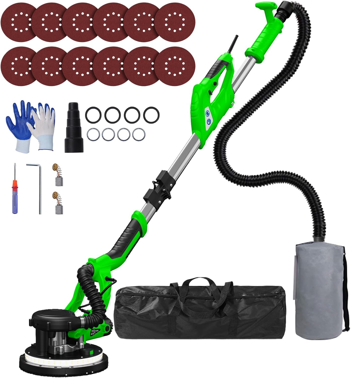 Drywall Sander, 2025 Upgraded 8-Amp Popcorn Ceiling Removal Tool with 7 Variable Speed 800-1800RPM, Drywall Sander with Vacuum Dust Collector with Extendable Handle, LED Light, 12pcs Sanding Discs Dark Green