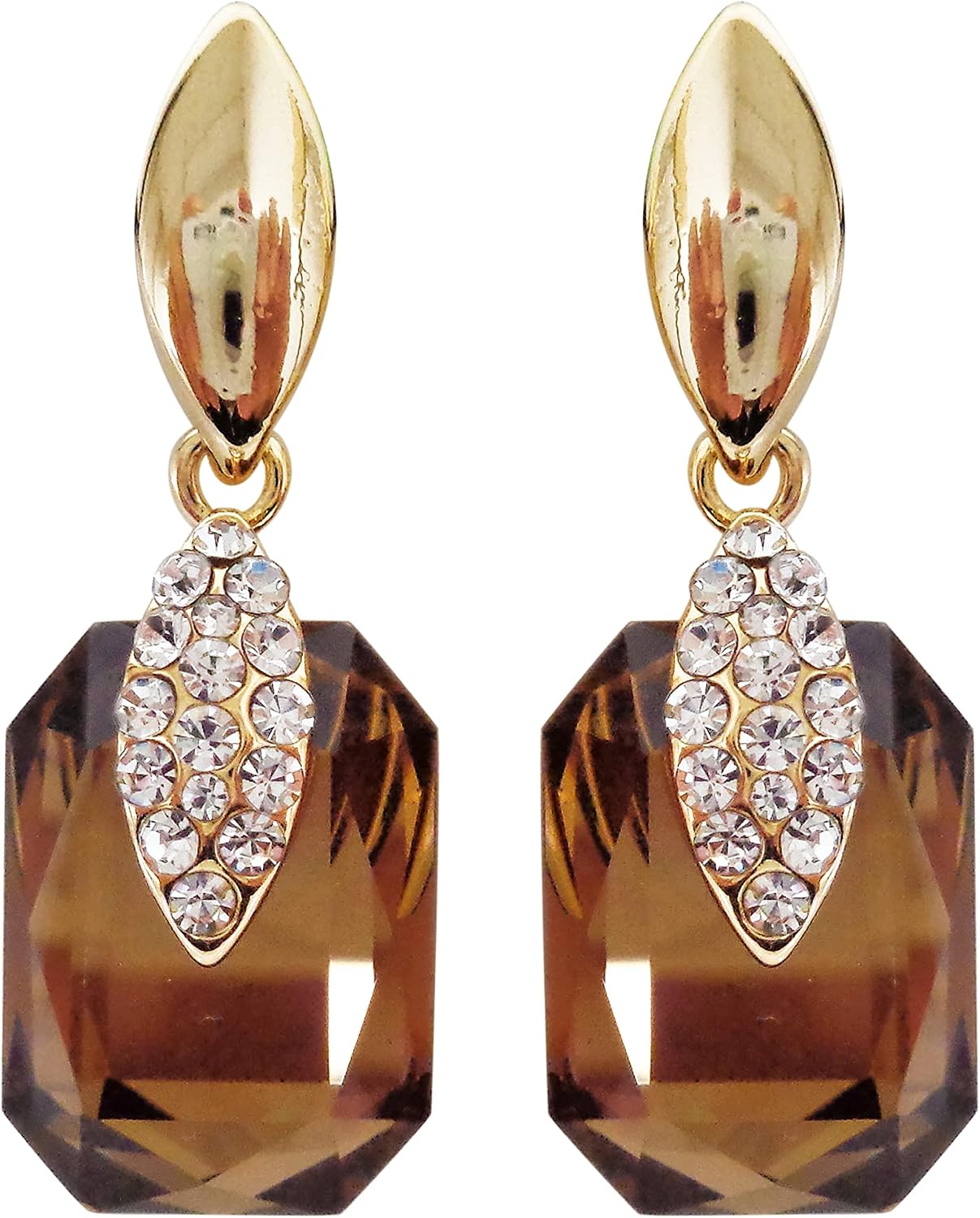 Navachi 18k Gold Plated Spindle Shape Metal White Crystal Square Zircon Dangle Stud Earrings
