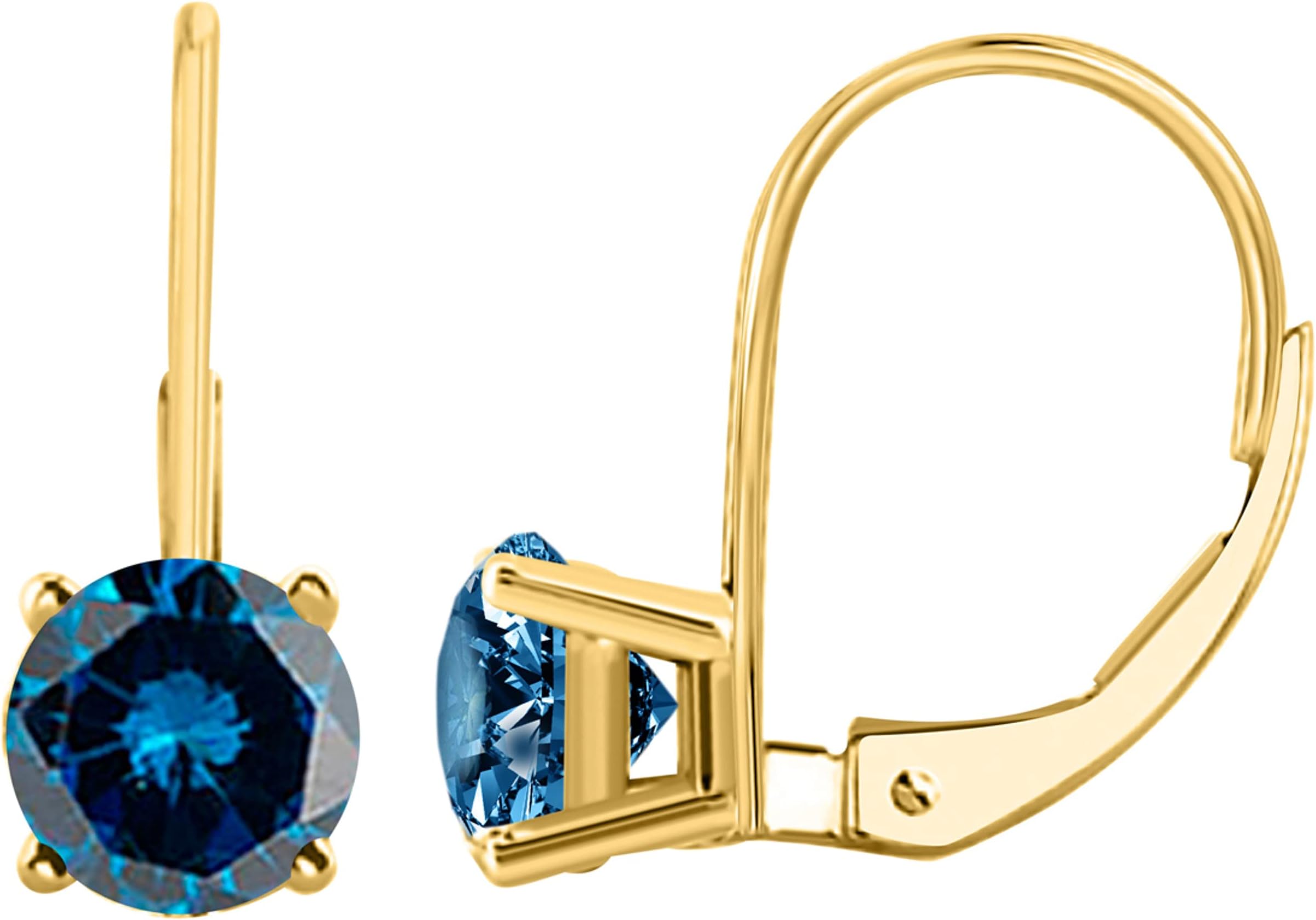 AoneJewelry Blue Diamond Leverback Earring for Women| 14K White & Yellow Gold 0.40 Carat 2 Stone Round Cut Prong Setting Genuine Diamond Wedding Jewelry Collection