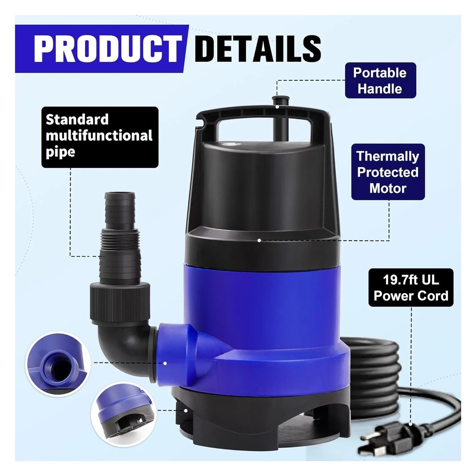 Industrial Water Pressure Diaphragm Pump Portable Utility Dirty Water Drain Pump With 16.4ft Power Cord For Swimming Pool And Pond Draining