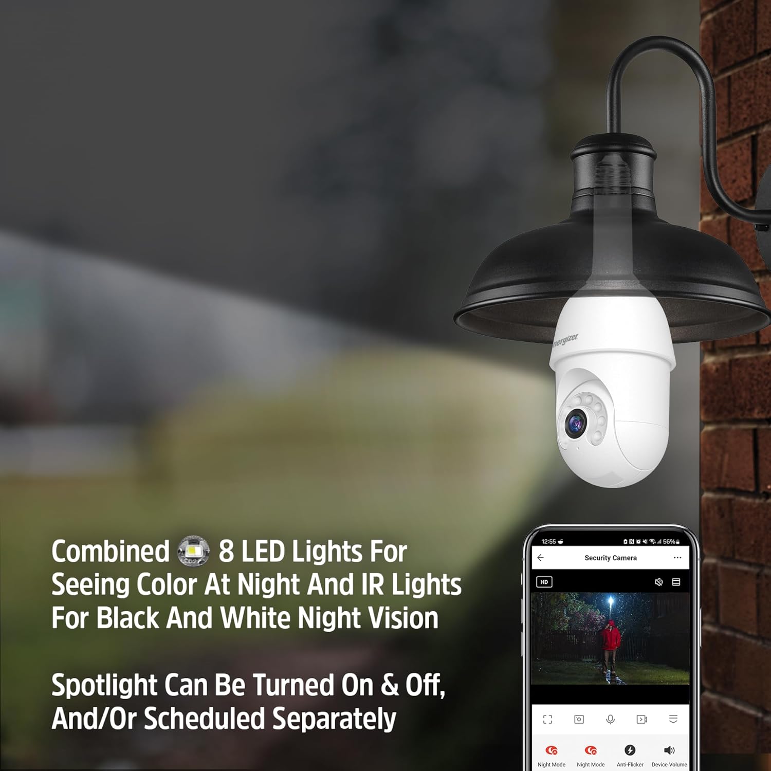 Energizer Smart Socket Camera, 2K QHD Outdoor Light Bulb Security Camera, 5GHz/2.4GHz, Pan & Tilt Auto Motion Tracking, 2-Way Audio, Night Vision, Recording, Alerts, Voice Control with Alexa & Google