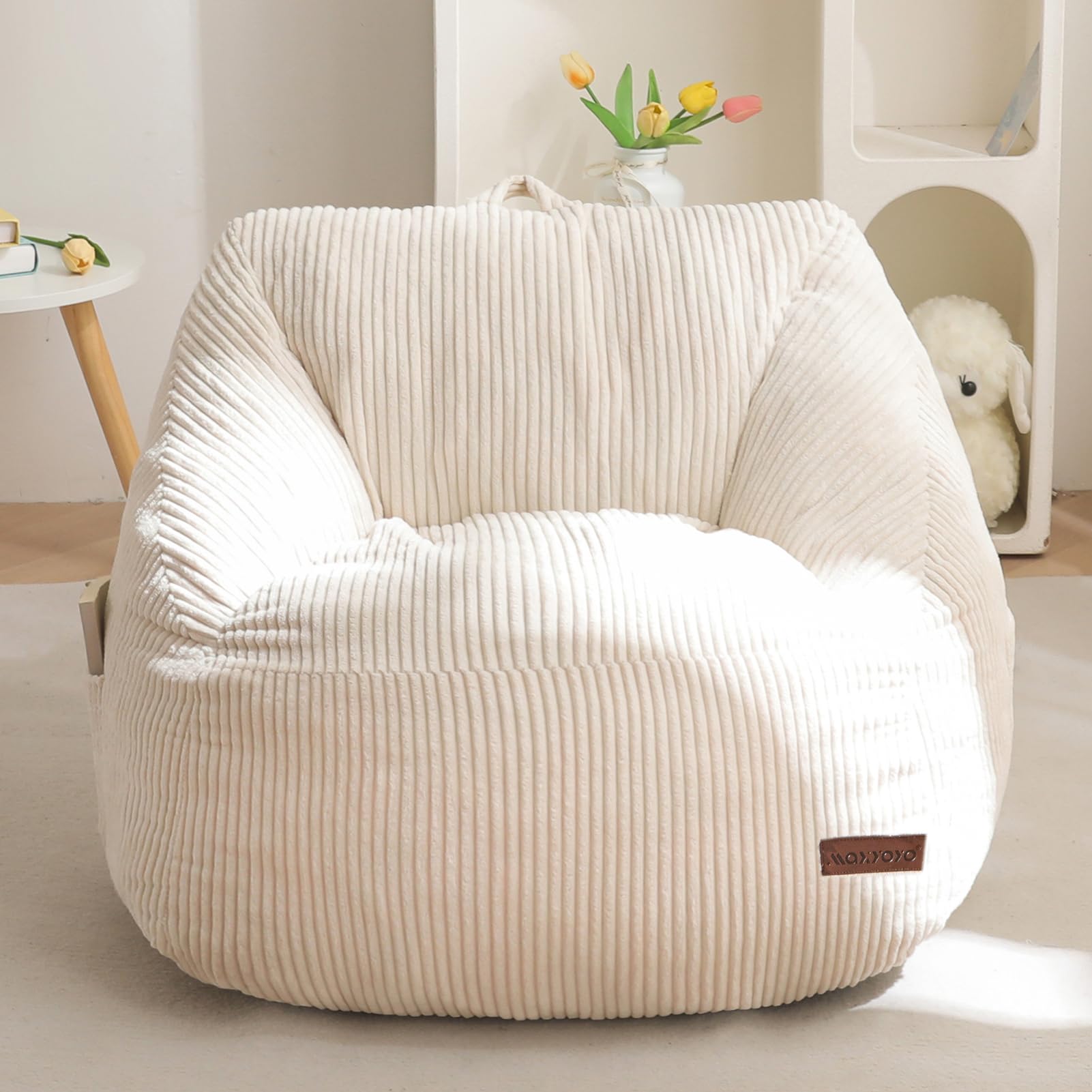 MAXYOYO Kids Bean Bag Chair, Bean Bag Couch with Handle, Comfy Toddler Chair for Boys and Girls, Accent Sofa with Pocket for Gaming Reading Relaxing, Beige