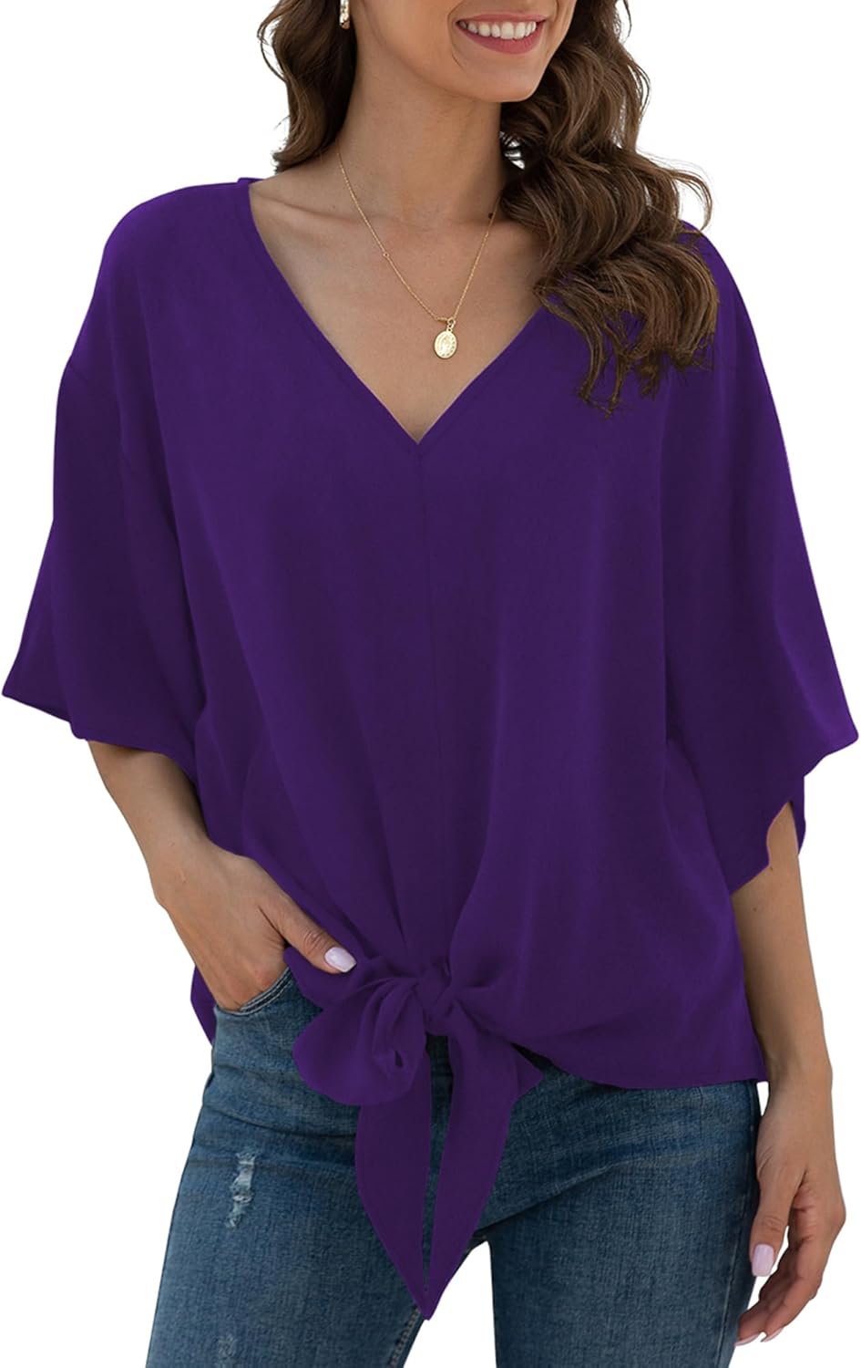 VIISHOW Womens Tie Front Chiffon Blouses V Neck Batwing Short Sleeve Summer Tops Shirts