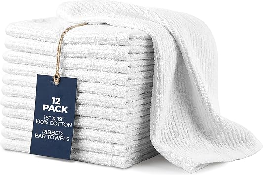 Avalon Towels Ribbed Bar Mop Towels, White Bar Towels, 16x19, Pack of 12