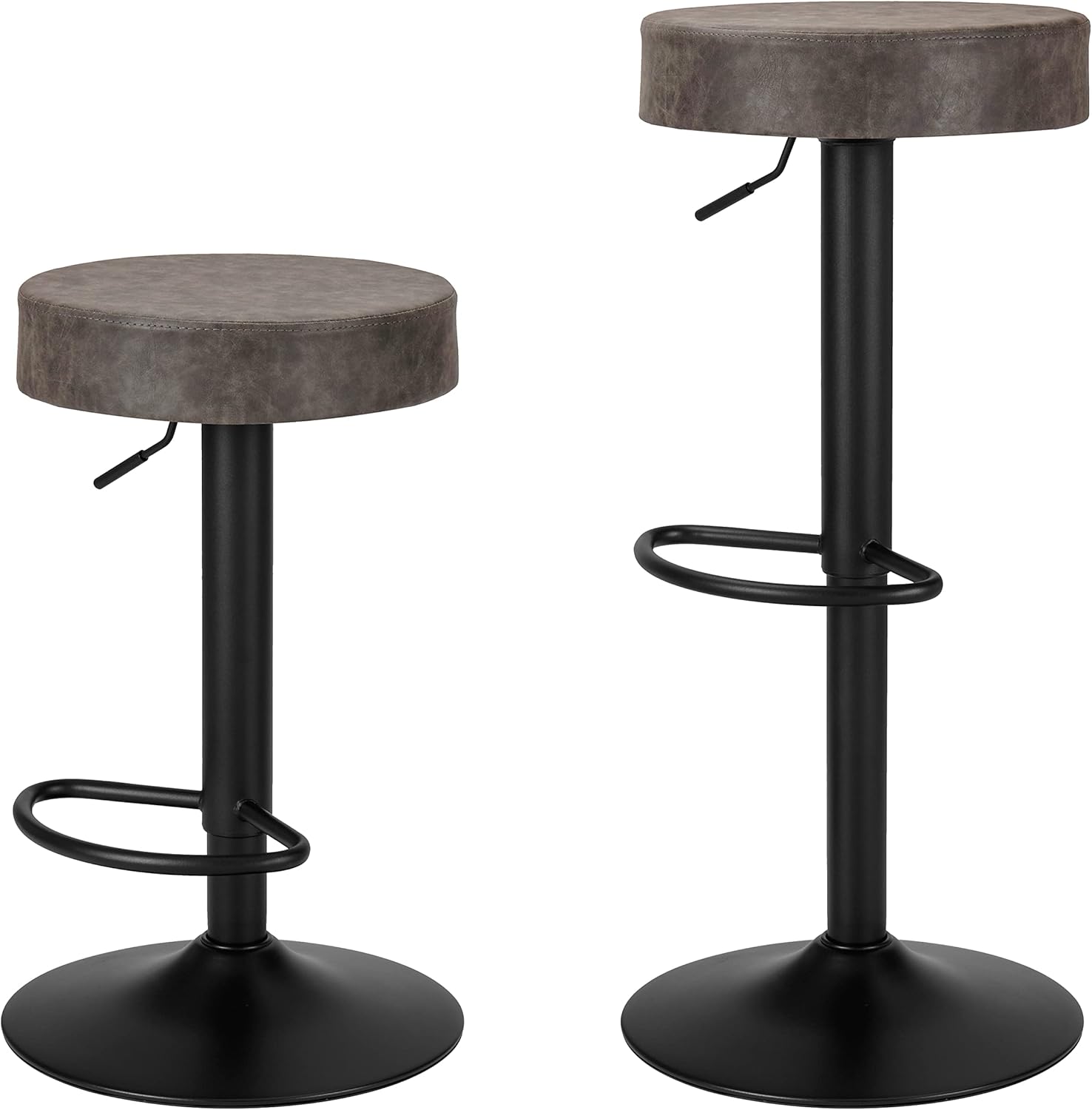 Finnhomy Bar Stools Set of 2 Counter Height, Swivel Barstools with Footrest and Backless Round, Height Adjustable Modern Bar stools for Kitchen, Vintage Leather, Retro Grey