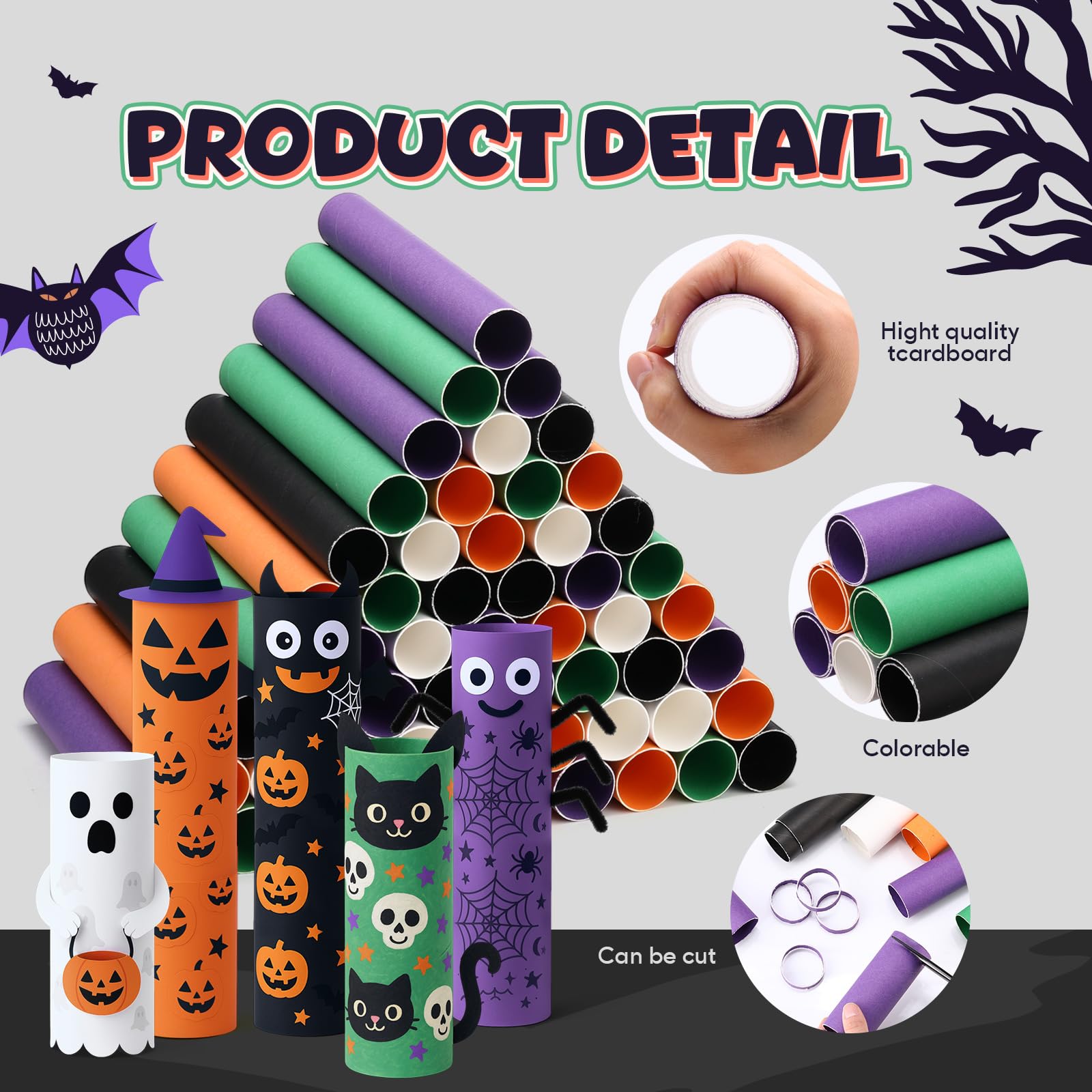 MotiMind 60 tubos de cartón para manualidades, 2 tamaños, rollos vacíos de papel higiénico, tubos de cartón a granel para proyectos de bricolaje en el aula (Halloween, 1.4 x 10 pulgadas, 1.6 x 10