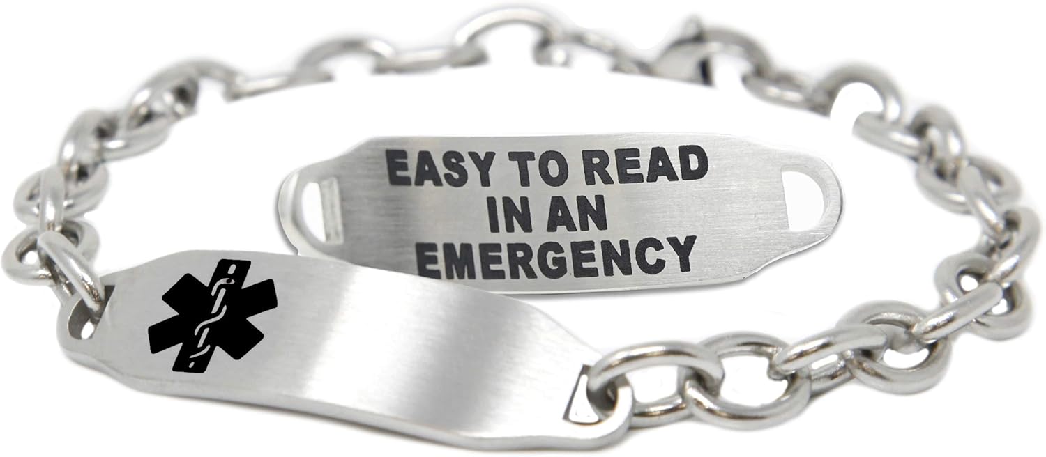 Diabetic Bracelet for Women With Free Engraving, Stainless Steel and ID Card, O-Link Chain Alert