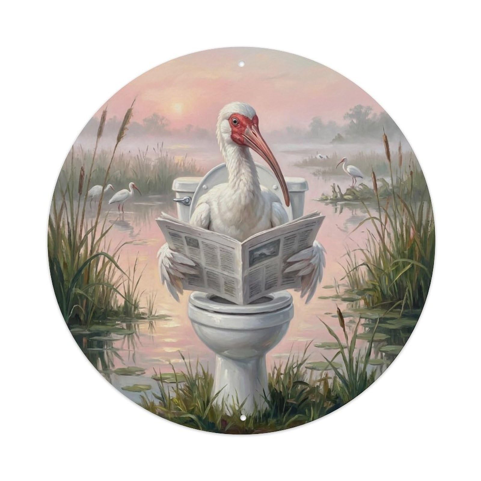 Ibis On Toilet Humorous Bathroom Wetland Reed Dawn Metal Tin Sign