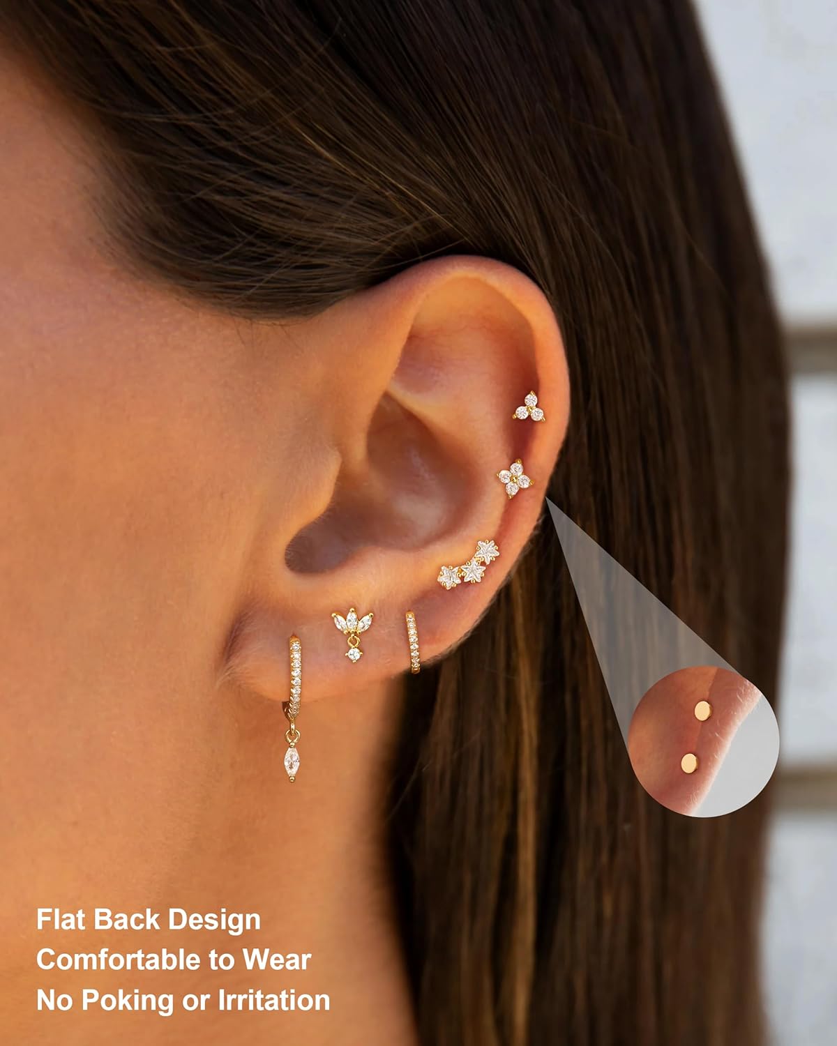 14K Gold Plated Dainty Stud Hoop Earrings for Women 6 Pairs Huggie Hypoallergenic Silver Gold Flat Back Cartilage Stud Earrings Set for Multiple Piercing Luxury Cubic Zirconia Drop Earrings Jewelry Trendy Gifts - Image 7