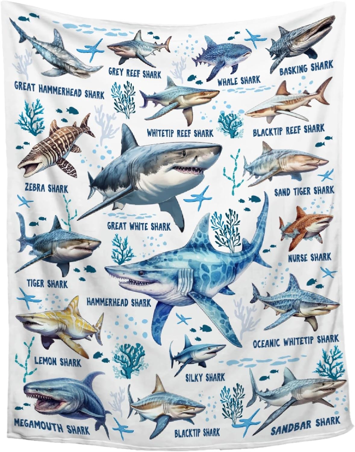Shark Blanket for Ocean Animal Lovers,Types of Shark Gift for Boys Girls,Ultra Soft Throw Blanket for Couch Sofa Bed,Ocean Animal Printed Decor Gift,50"x60"-Full Size