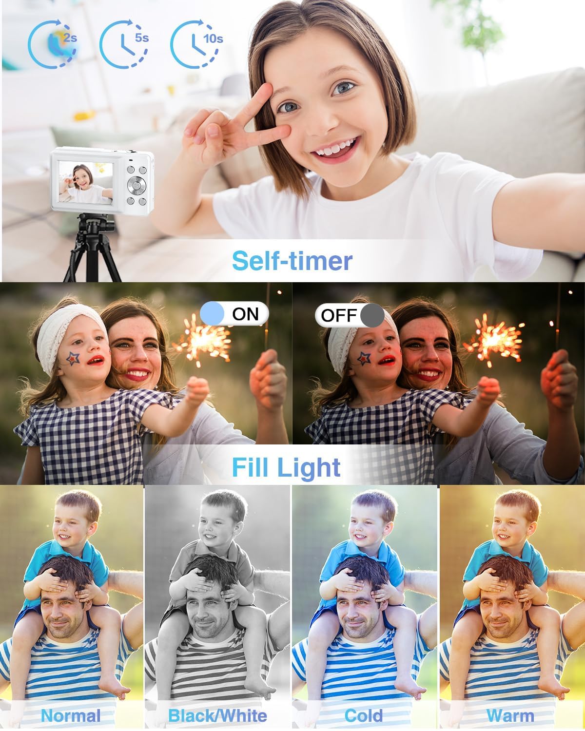 Appareil Photo Numérique, FHD 1080P Autofocus 44MP Appareil Photo Enfant avec Carte 32GB, Zoom 16X, Anti-Shake, ​​2 Batteries, Appareil Photo Compact pour Enfants Adultes ​​Débutants​ (Blanc)
