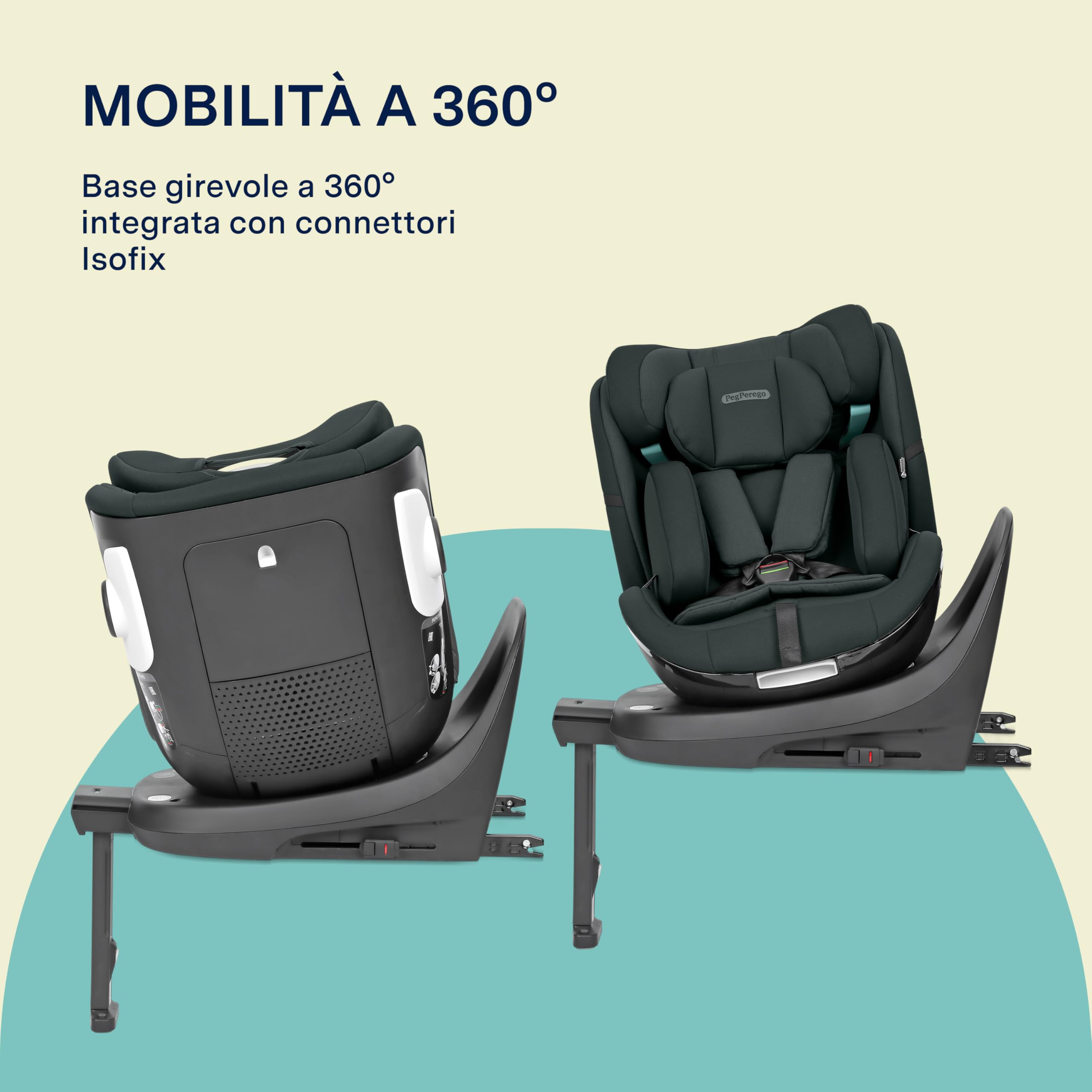 PEG Primo Viaggio 360 EVO Seggiolino Auto Evolutivo All-In-One con ISOFIX, Girevole, Reclinabile, per Bambini dalla nascita a 150 cm (0-12 anni), 0-36 kg, Metal