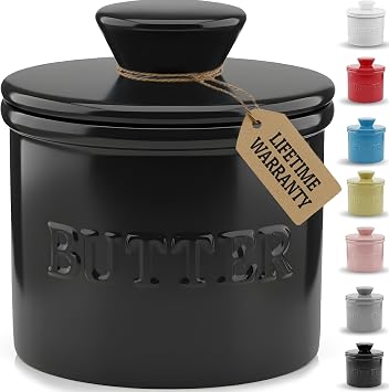 PriorityChef French Butter Crock with Lid, Keep Butter Spreadable & Fresh, Butter Keeper to Leave On Counter, French Butter Dish Perfect for Bread and Toast, Ideal Kitchen Gift, Black