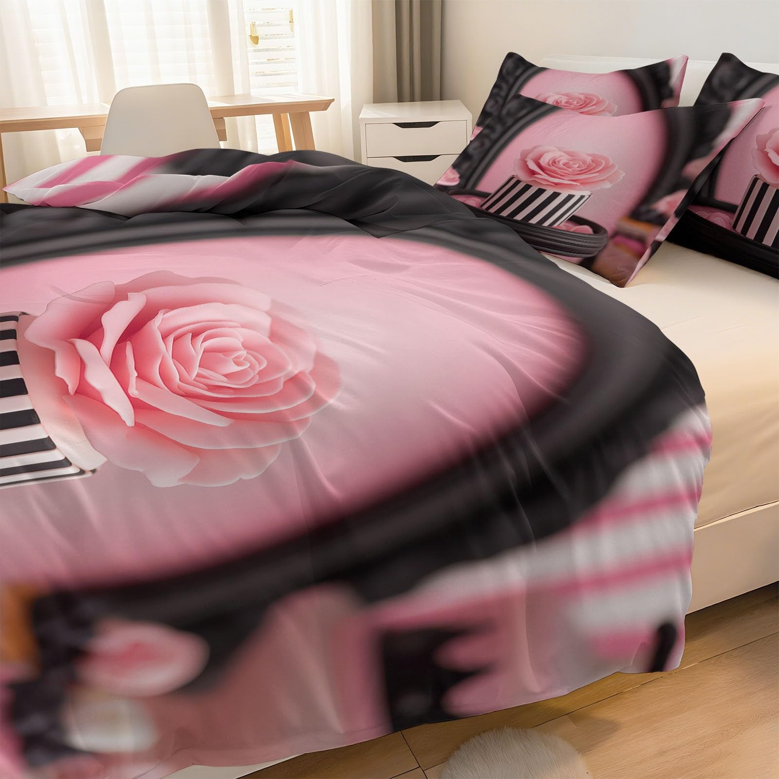 Pościel 3D 155 x 220 cm, modna pościel deserowa, babeczki, zestaw pościeli, kolor jasnoróżowy, miękki, nie wymaga prasowania, oddychający, z zamkiem błyskawicznym, w zestawie 1 poszwa na kołdrę i 2